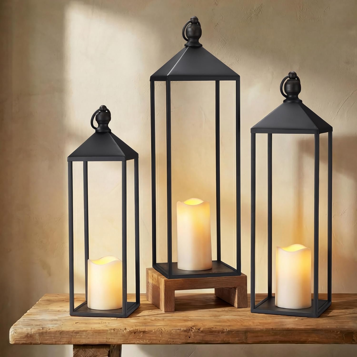 Perfnique Decorative Lanterns for Indoor & Outdoor, Set of 3 Black Metal Lanterns (22″ & 19″ & 17″) with LED Timer Flameless Candles, Farmhouse Modern Decor for Front Porch, Patio, Garden, Mantle