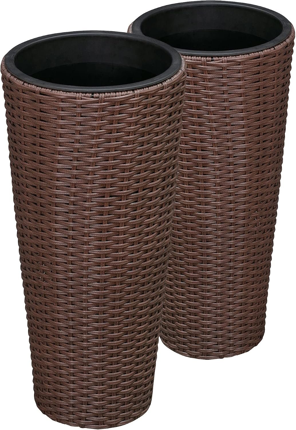 Balkene Home Noah Round Wicker Planter Tall Planter Decor Box for Adaptable Outdoor Furnishings All Weather Versatile Perfect Patio Herb Garden Living Space – 2 Piece Set – Mocha