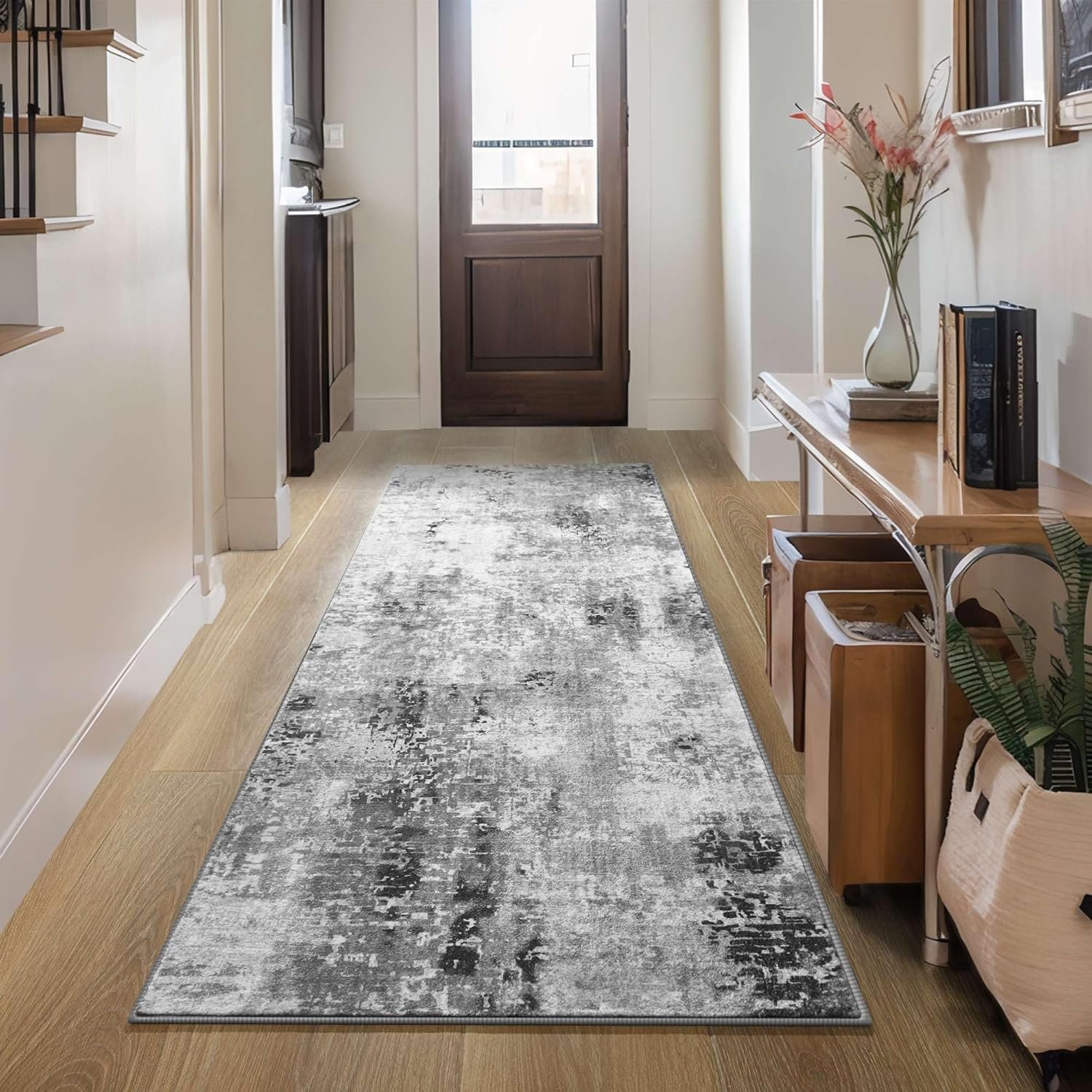 Ompaa 2×6 Rug Runners for Hallways Kitchen Runner Rug Non Slip Washable Grey Long Runner Rugs with Rubber Backing Soft Abstract Carpet Runner for Hallways, Kitchen, Bedroom, Bathroom, Entryway