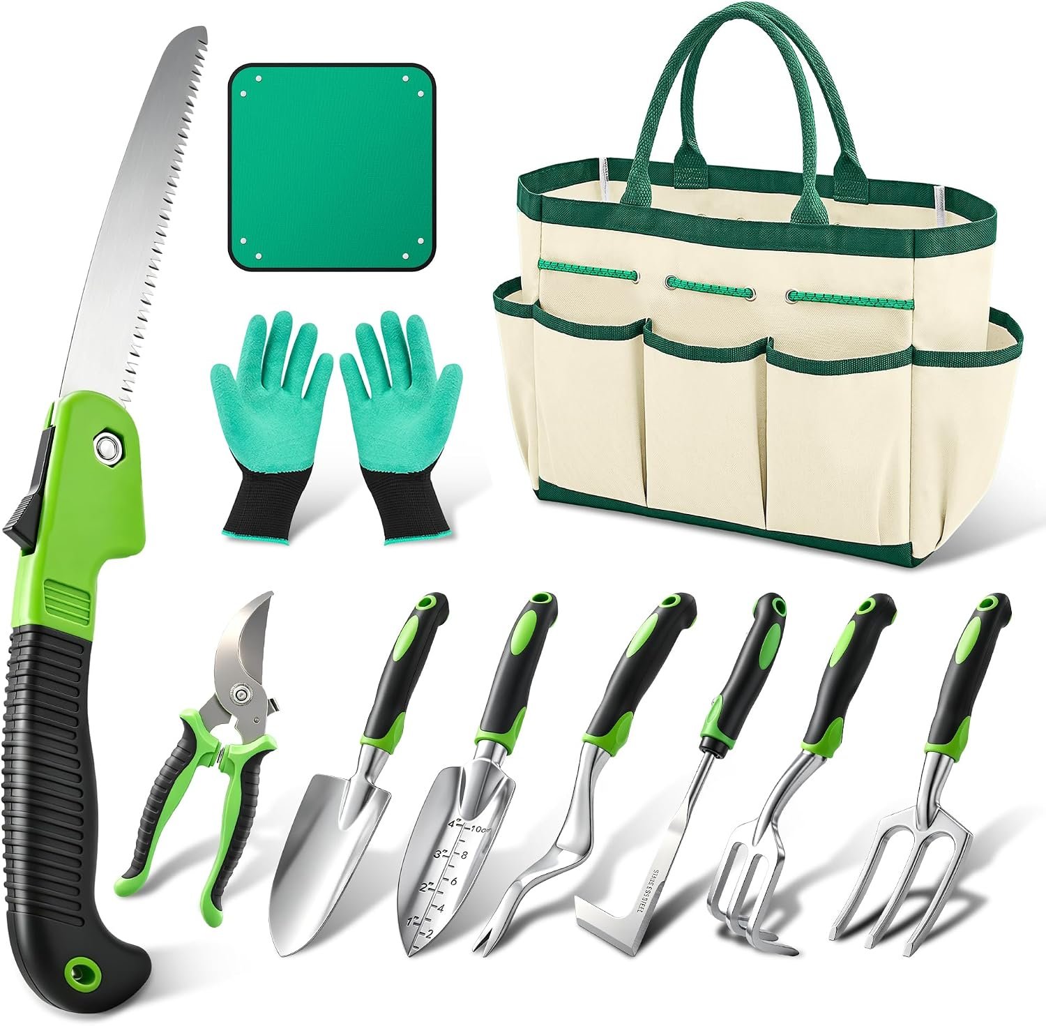 Garden Tool Set Gardening Tools – Heavy Duty Aluminum Tool Kit with Non-Slip Handle, Gardening Gloves and Tool Bag for Weeding, Planting and Pruning, Gifts for Women Mom (Green Set)