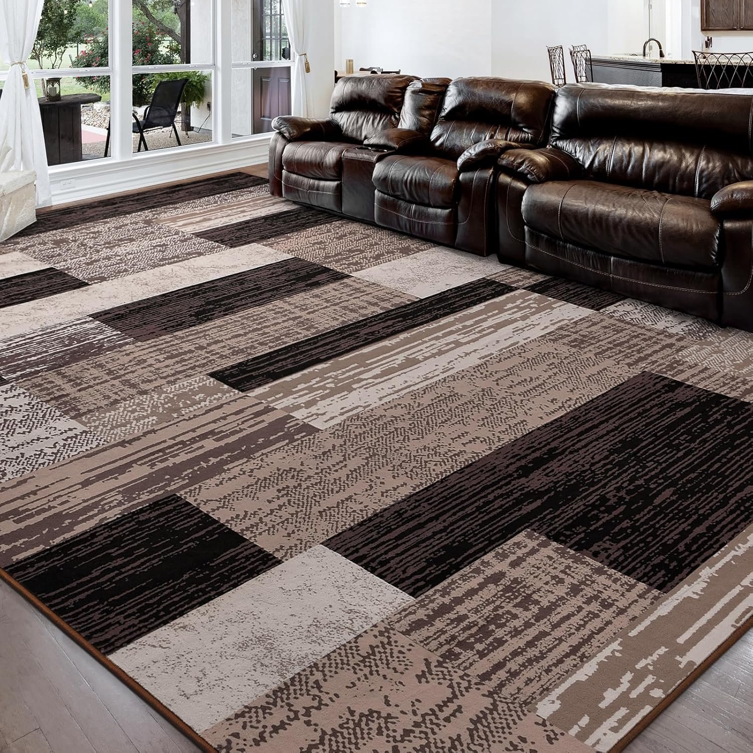FlyDOIT Modern Geometric Patchwork Area Rug, 5×8 Chocolate Large Rugs for Living Room, Rockwood Collection Indoor Rugs for Bedroom, Throw Carpet Floor Decor for Entryway Dining Room Office Nursery