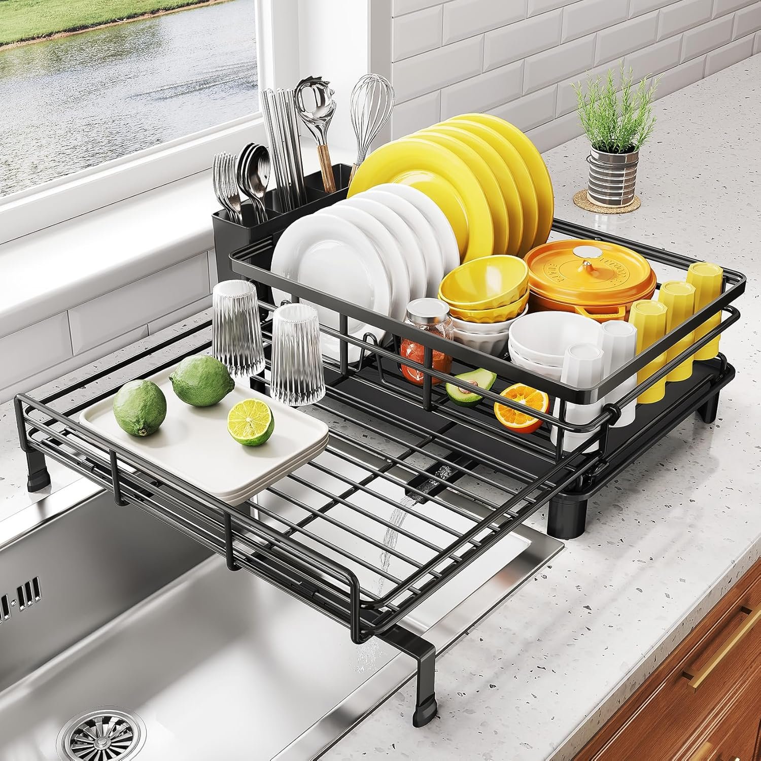 SNTD Dish Drying Rack – Extendable Dish Rack, Large Sink Drying Dish Drainer for Kitchen Counter, Stainless Steel Dish Strainer with Utensil Holder (Black)
