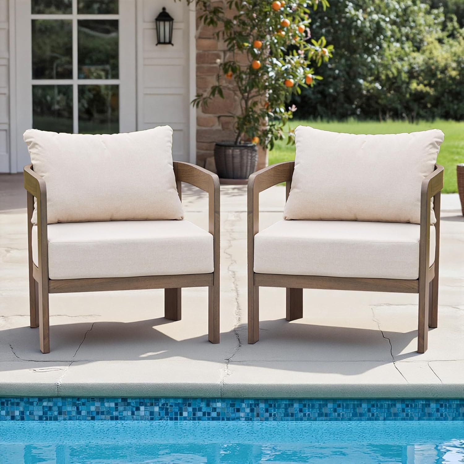 Outdoor Furniture Set, 2Pcs Patio Armchairs, Metal Modern Outside Furniture with 6” Thick Cushions, Outdoor Conversation Set Balcony Chairs for Backyard, Porch,Deck, Beige