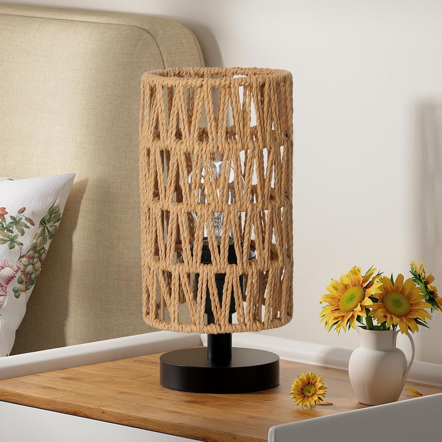 Fenmzee Small Table Lamp for Bedroom – Inline Control, Bedside Lamp with 3000K A15 LED Blub, Easy Assembly（Rattan Rope Shade-Black Base，9″ Inline Control）
