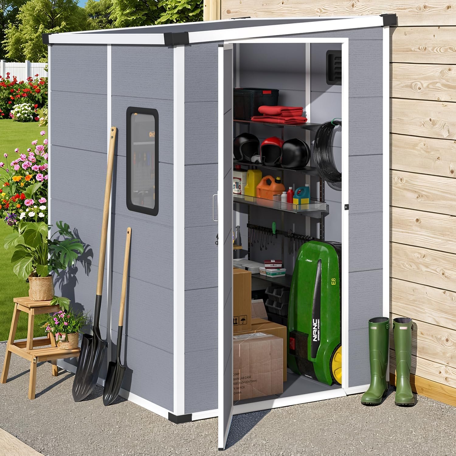 MELLCOM 5 x 4 FT Plastic Storage Tool Shed with Windows and Floor, Resin Garden Shed with Lockable Door, Plastic Outdoor Storage Shed for Lawnmower, Bike, Garbage Can
