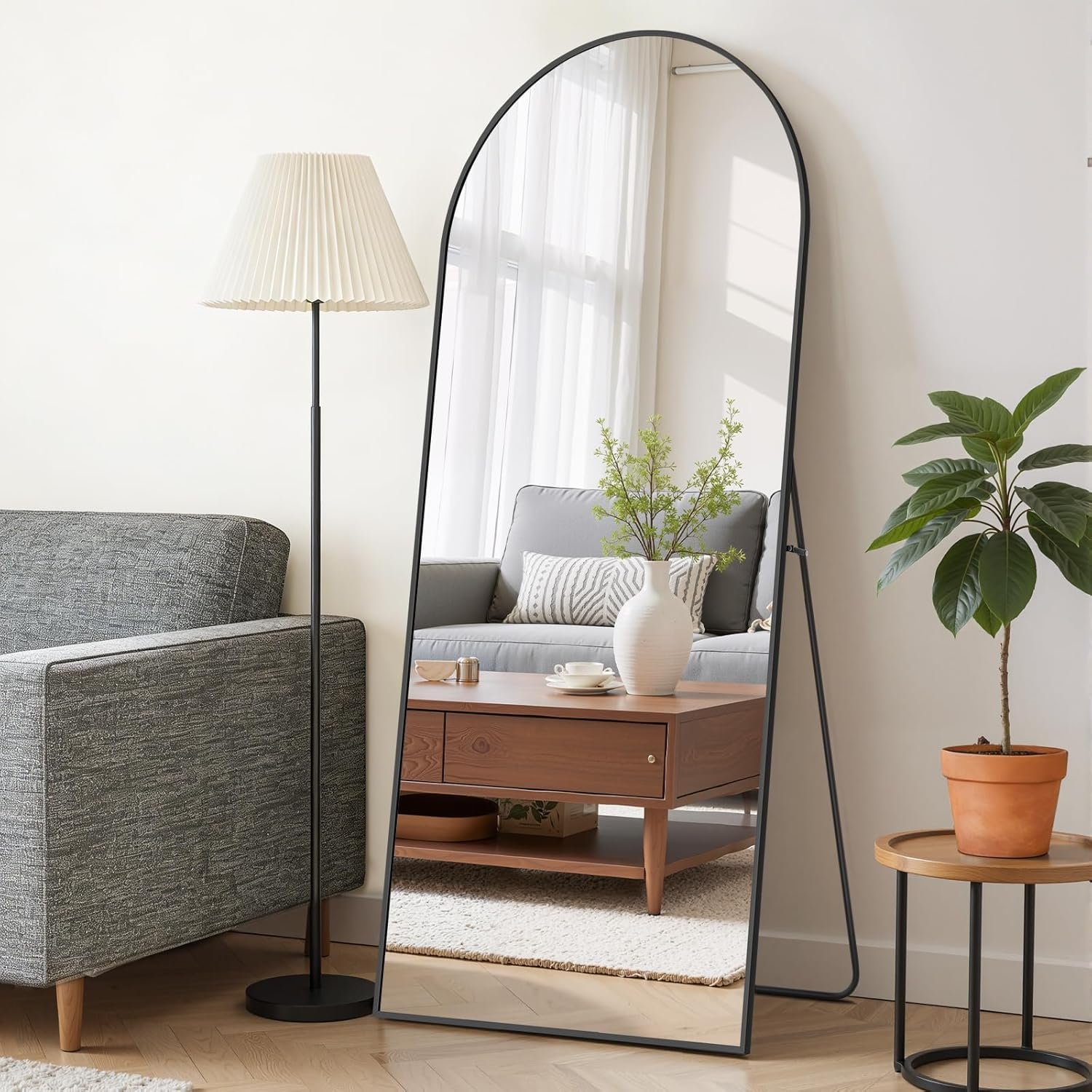 Mirror Full Length 64″x21″ Full Body Floor Mirror with Stand, Shatterproof Glass, Aluminum Alloy Frame, Free Standing Wall Mounted or Leaning Arched Mirrors for Bedroom Living Room Entryway