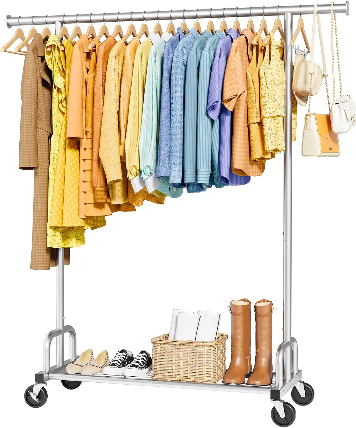 Sakugi Clothes Rack – Large-Capacity Clothing Racks for Hanging Clothes with Lockable Wheels, Space-Saving Metal Coat Rack for Bedroom, Laundry Room, Entryway, 45.6″ x 16.9″ x 59″, Silver