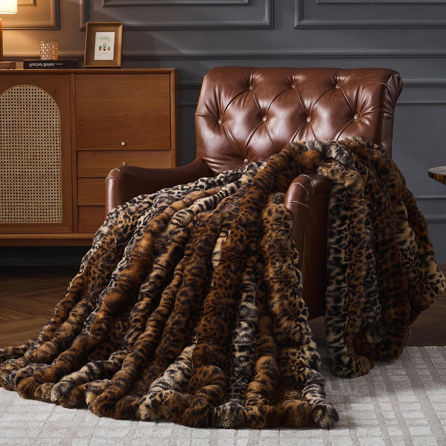 RYNGHIPY Faux Fur Blankets for Couch Bed Fluffy Warm Thick Throw Blanket for Bedroom Living Room Soft Cozy Plush Decorative Bubble Furry Blanket Cheetah Print Blanket (Leopard-Coffee, 51”x63”)