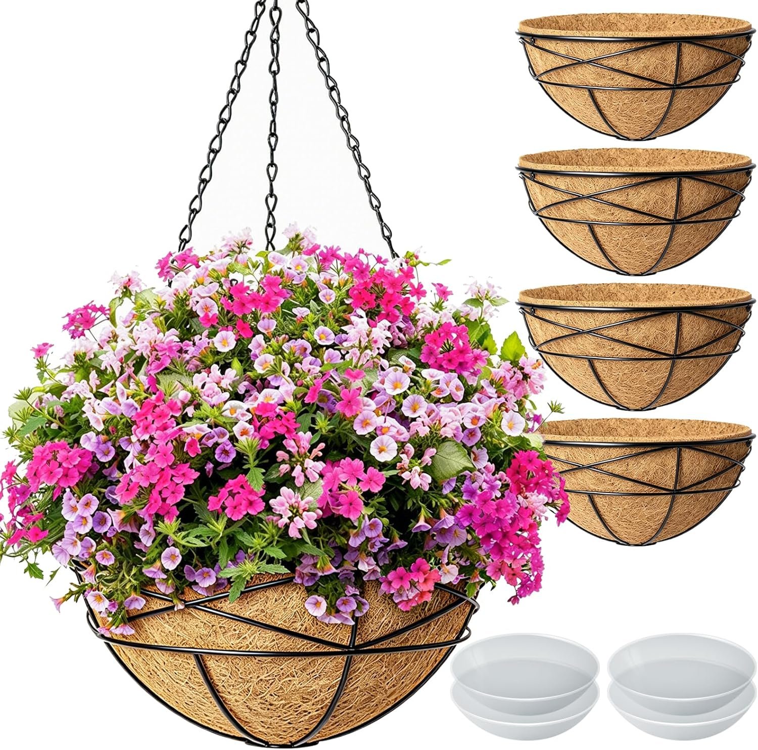 4 Pack 12 Inch Hanging Planters for Outdoor Plants Metal Watering Flower Baskets with Coco Liner for Outside Panting Plant Holder Pot for Home Garden Porch Balcony Railings Decor