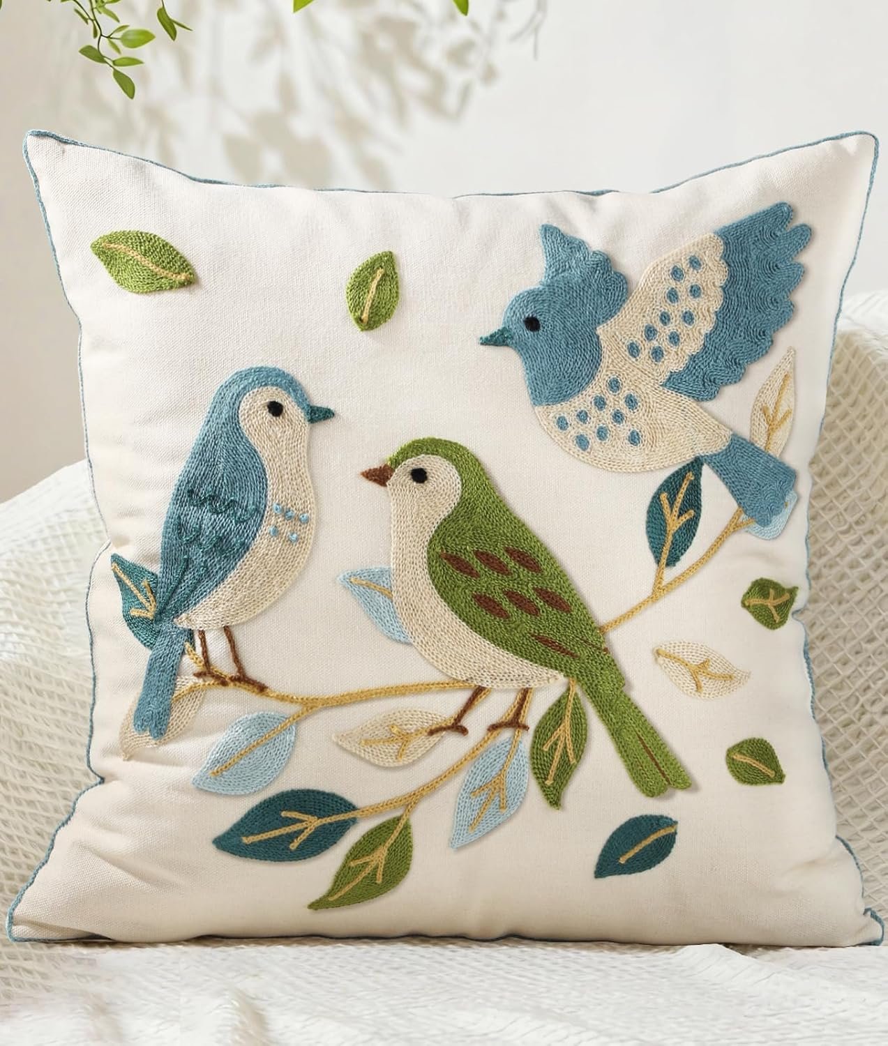 Embroidered Throw Pillow Cover 18×18 Inch – Summer Farmhouse Decorative Pillow Covers with Zipper for Couch Sofa Bedroom Living Room Spring Boho Cushion Pillowcase, Birds Leaves