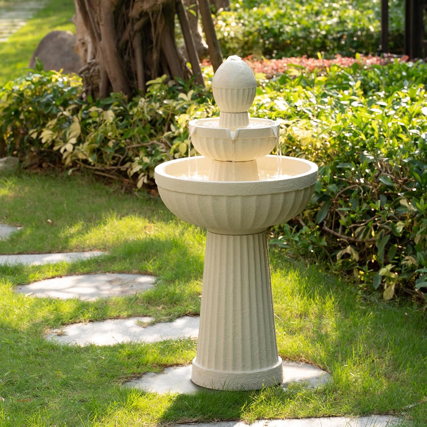 37.80” H Outdoor Water Fountain Made with Eco-Friendly Recyclable Materials, Polyethylene Cascading Waterfall Water Fountain Outdoor, Garden Decor with LED Light for Patio, Backyard (White)