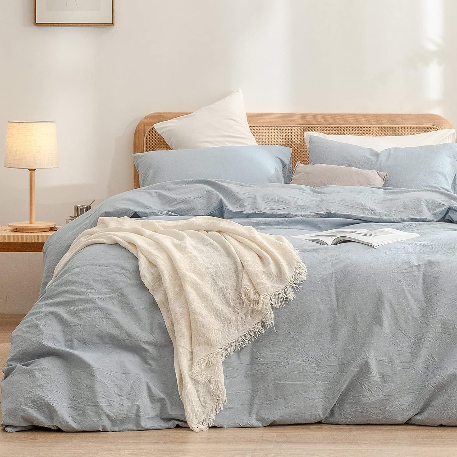 BESTOUCH Cotton Solid Duvet Cover Set Linen Feel Cornflower Blue Queen | Washed Cotton, Linen Feel, Soft Wrinkle Texture, Hidden Zipper, 8 Ties, Breathable Lightweight Durable Comfy, 3Pcs No Insert