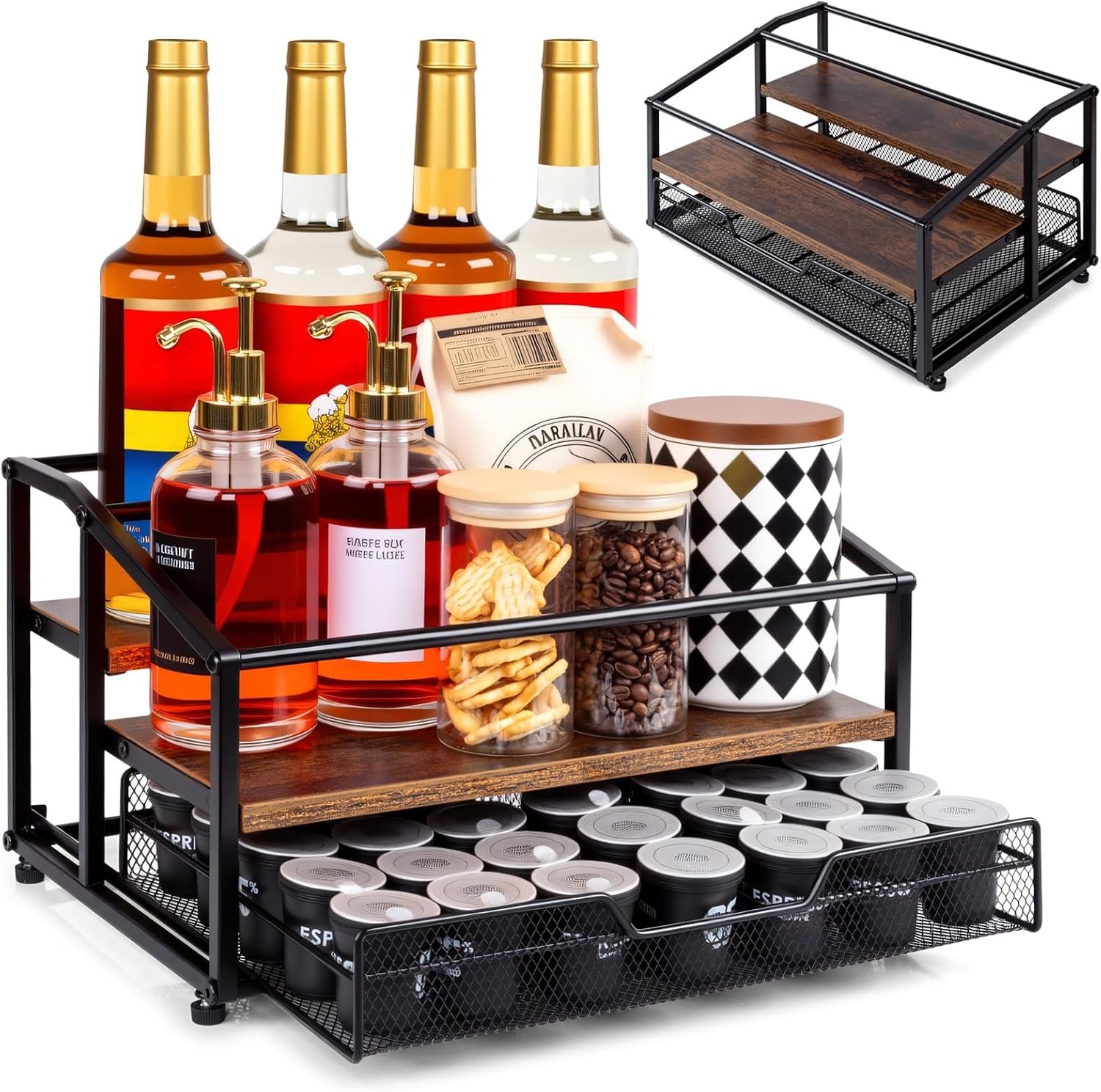 kimilus Coffee Syrup Rack Organizer, 3-Tier 8 Bottle Syrup Rack with 35 K Cup Drawer for Coffee Bar, Countertop Bottle Holder Stand for Dressing for Kitchen Cafe Station