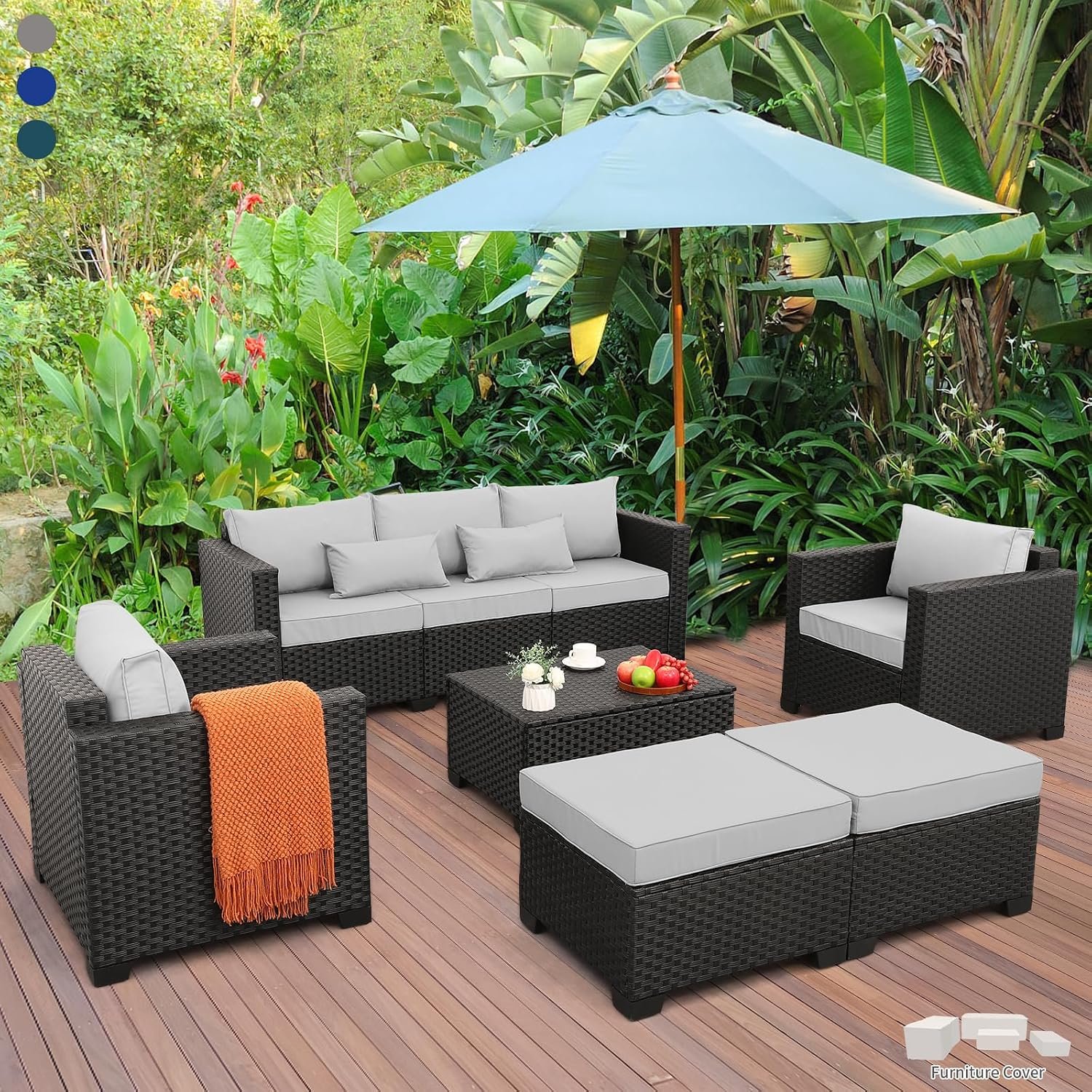 Rattaner Patio Wicker Furniture Set 6 Pieces Outdoor HDPE Wicker Conversation Couch Sectional Chair Sofa Set with Grey Cushions