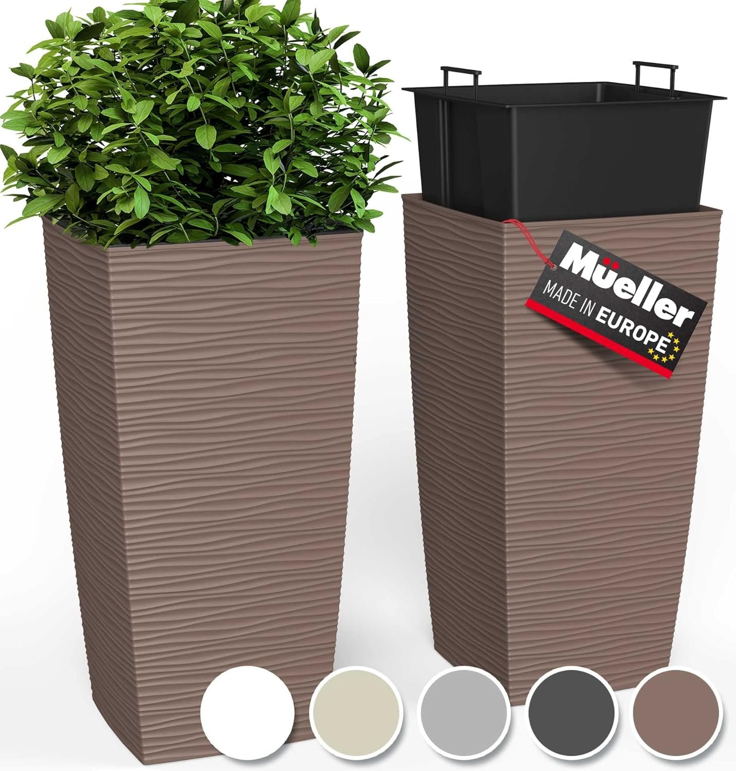 Mueller M-Resin Heavy Duty Tall Planters for Outdoor Plants, Indoor Grande Plant Pots, Boxes, Trees, Flower Pots, 2-Piece Set, 18”, Modern Design, Built-in Drainage, Front Porch Decor, Mocha