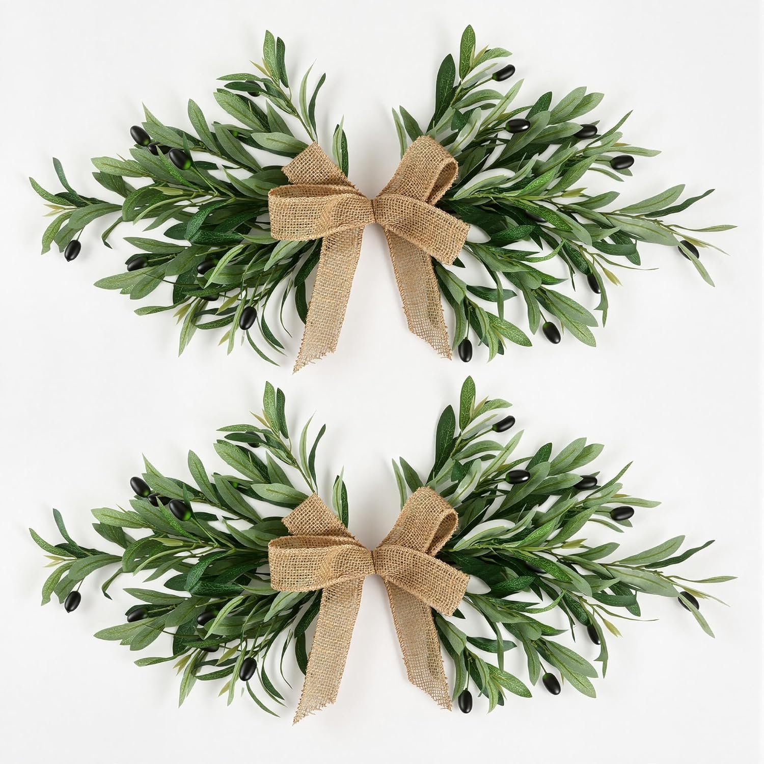 24″ Handmade Artificial Olive Swag (2PC), Realistic Greenery Swag with Natural Burlap Bow, Easy to Hang Symmetrical Olive Branch Wreath for Front Door, Wedding Arch, Mantle & Farmhouse