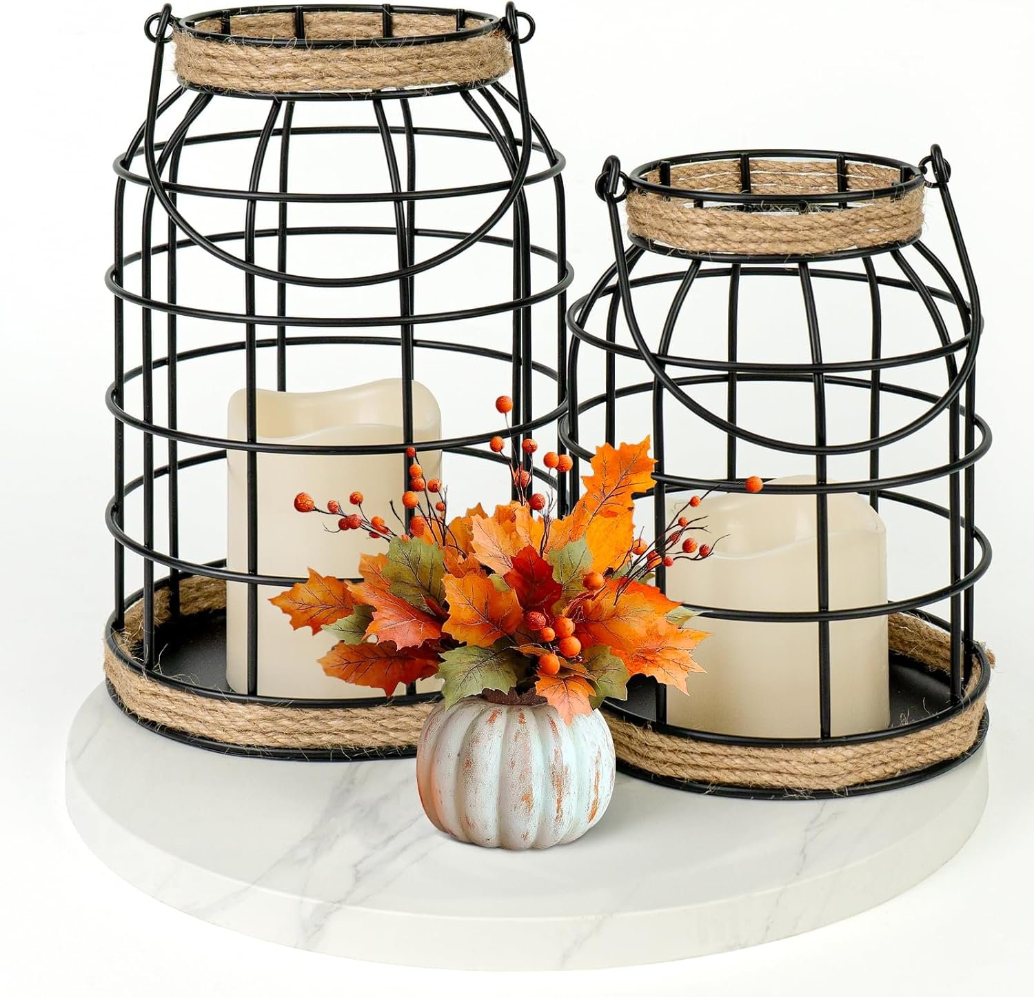 Rustic Farmhouse Decorative Lantern Set of 2, Boho Lanterns with LED Candles, Modern Farmhouse Indoor Outdoor Decor for Living Room Patio Porch Fireplace Kitchen Dining Table Centerpiece