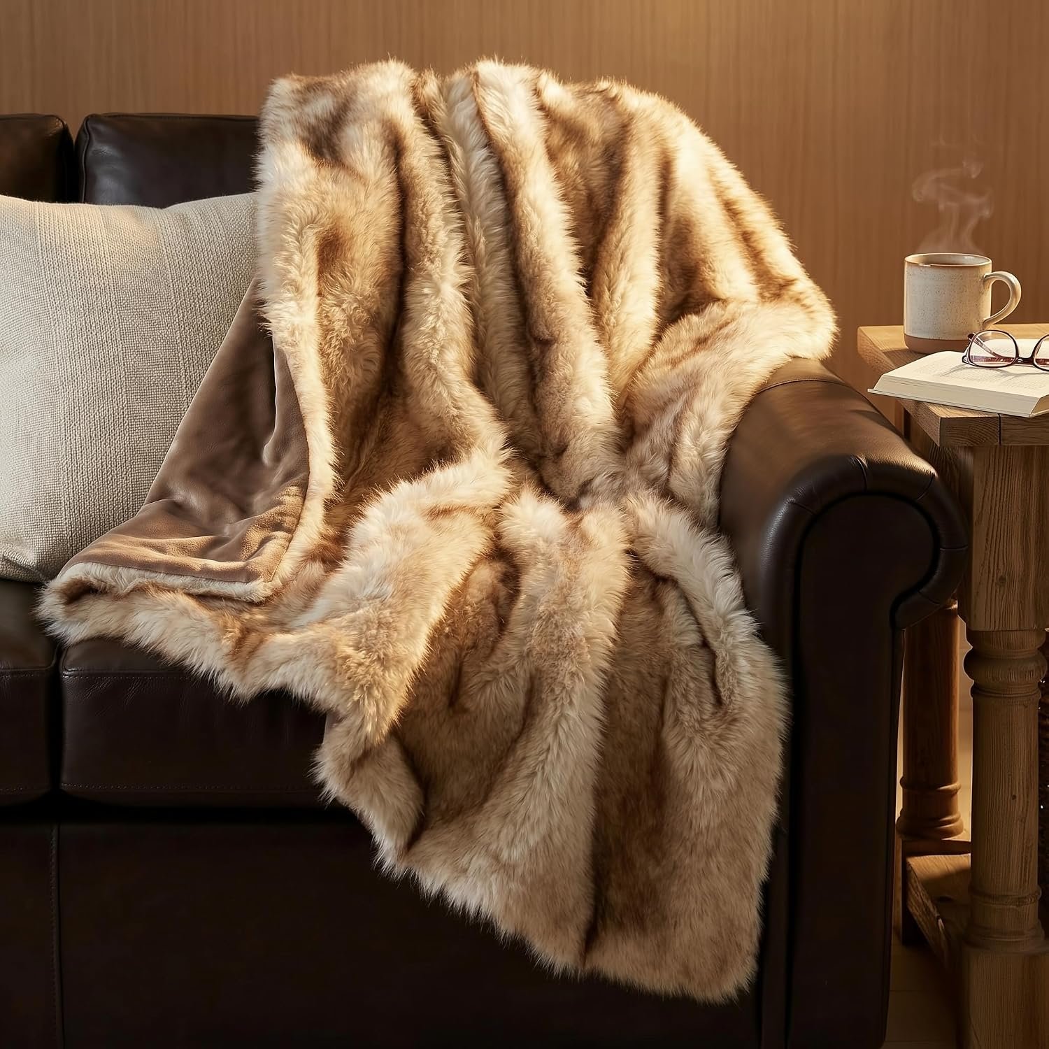 Hyde Lane Faux Fur Throw Blanket – Ultra Long Pile, Luxury Fluffy Fox Golden with Brown Tipped Throws for Couch Sofa Decoration, Fuzzy Plush Blankets for Women, 50×60