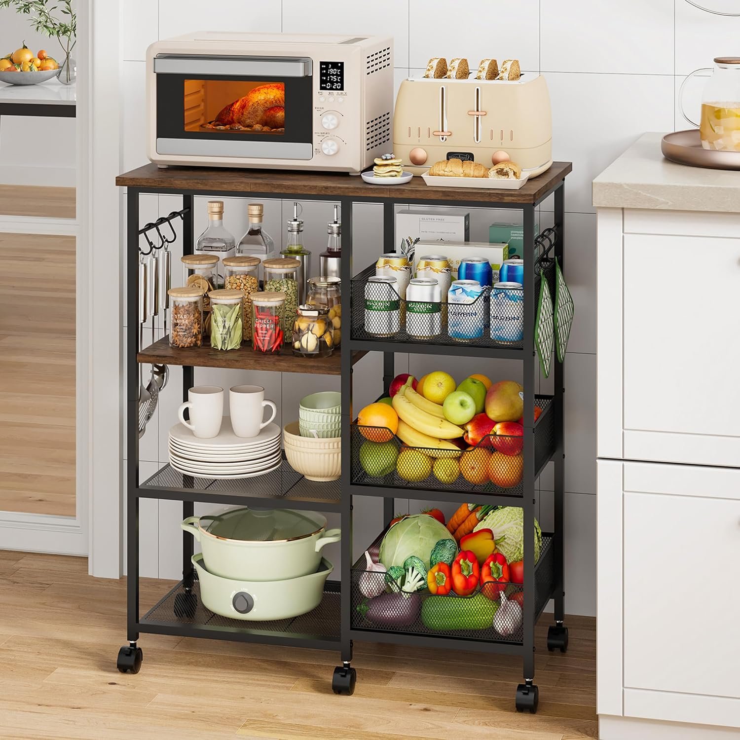 HapiRm Rolling Kitchen Carts with Storage – Microwave Table Stand with 6 Hooks & 3 Baskets, kitchen Island Cart on Lockable Wheels, 28.3″ L × 14.6″ W Bakers Rack Cart for Dining Room Coffee Bar Office