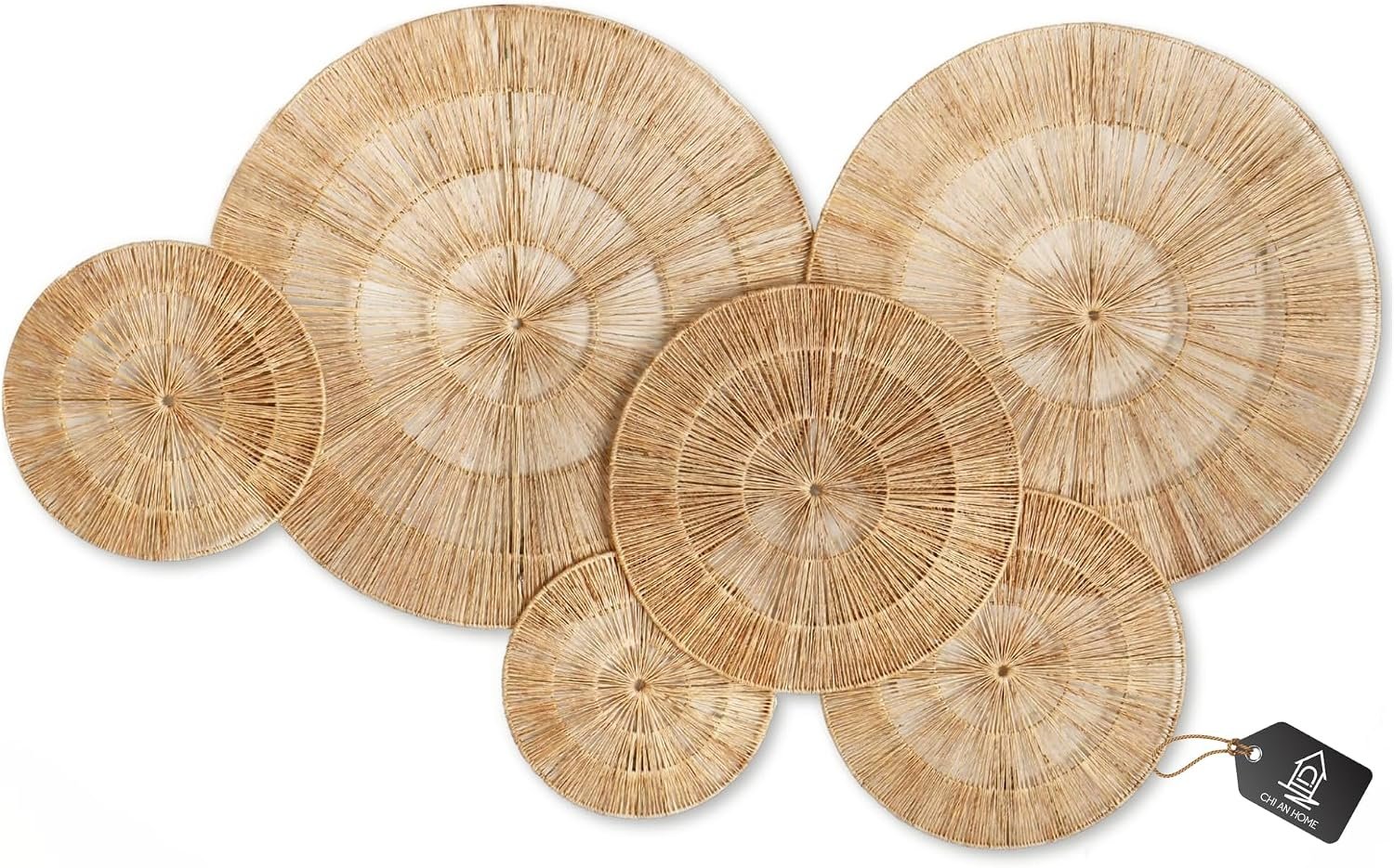 CHI AN HOME Wicker 23 Inch Jute Wall Decor Baskets, Set of 6 Extra Large Woven Jute Wall Plates, 23″,21″,15″,13″,12,10″, Decorative Baskets for Wall Arts, Wall Hanging for Bedroom, Living Room, Office