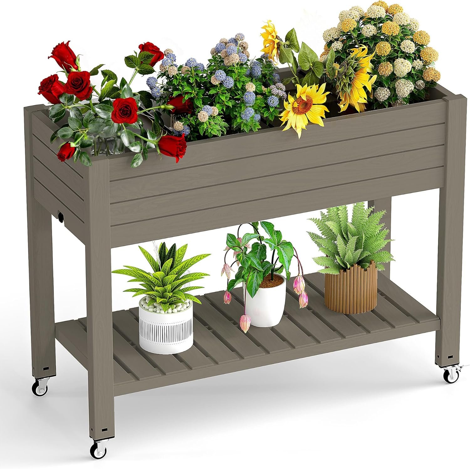 Elevated Raised Garden Bed with Wheels,Outdoor Large Resin Patio Planter Box Stand Divisible with Drain Plug,Water Monitor for Plants Vegetables Flowers Fruits(Grey,43.31 * 17.72 * 33.66)