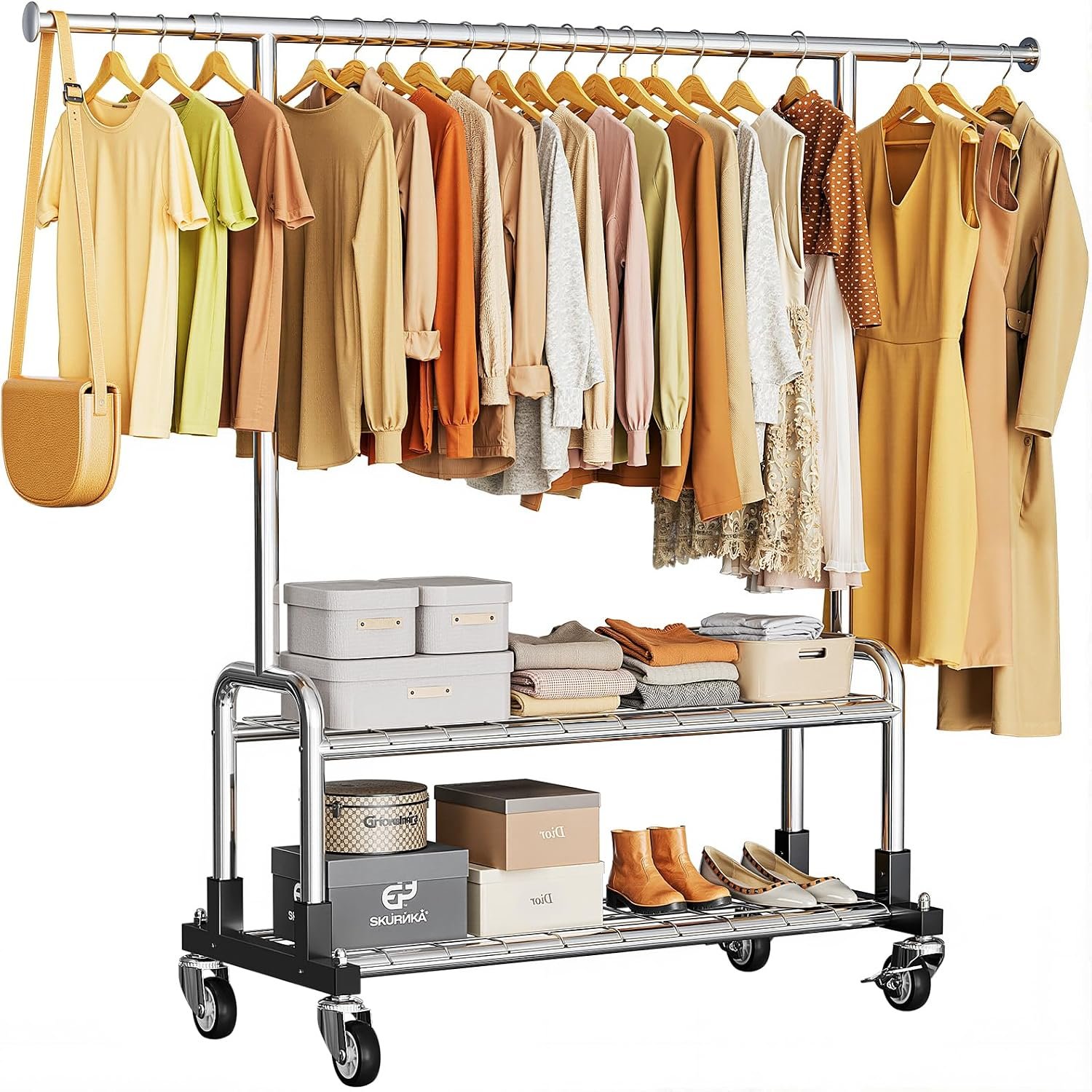 Luxspire Heavy Duty Clothes Rack, Clothing Rack Load 600 LBS, Rolling Clothes Racks for Hanging Clothes with Sturdy Wheels & 2 Tier Shelves, Adjustable Garment Rack for Bedroom, Laundry Room, Silver