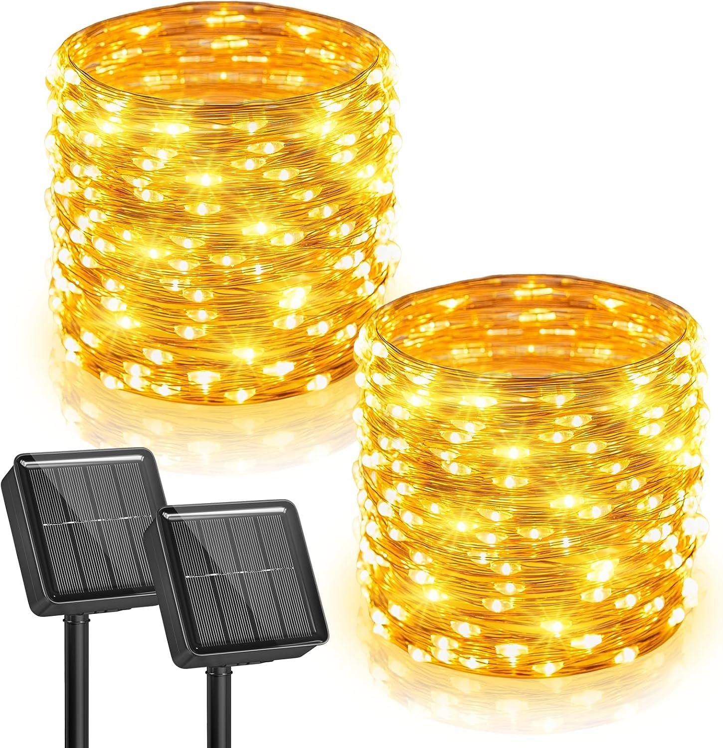 Minetom 2 Pack Solar Fairy Lights, Total 66 FT 200 LED Solar String Lights Outdoor Waterproof with 8 Modes, Christmas Lights for Outside Patio Fence Party Garden Yard Holiday Tree Decor (Warm White)