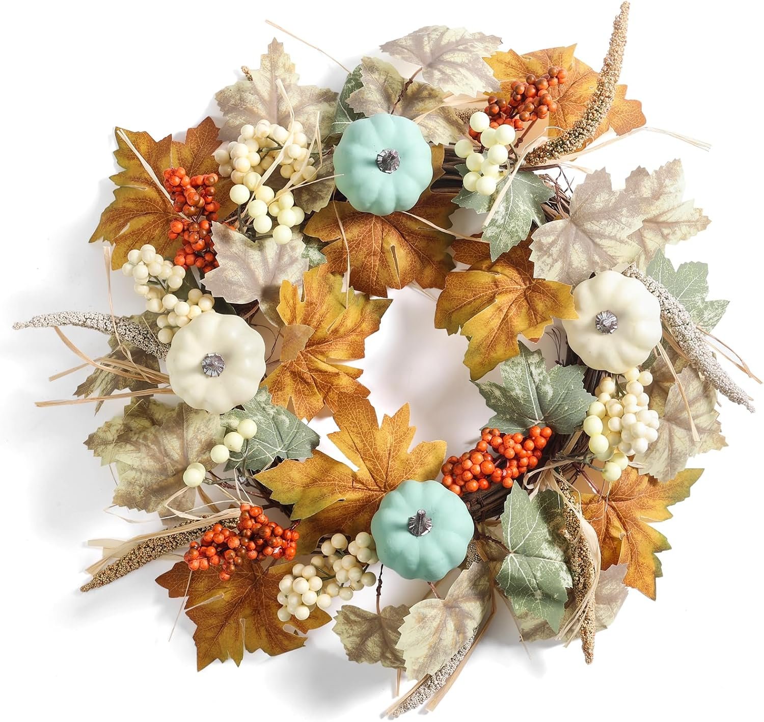 Fall Wreaths for Front Door in 20 inch, Artificial Autumn Leaves with White and Blue Pumpkins, Orange Berries, Farmhouse Fall Decorations, Front Door, Wall, Wedding, Thanksgiving, Autumn
