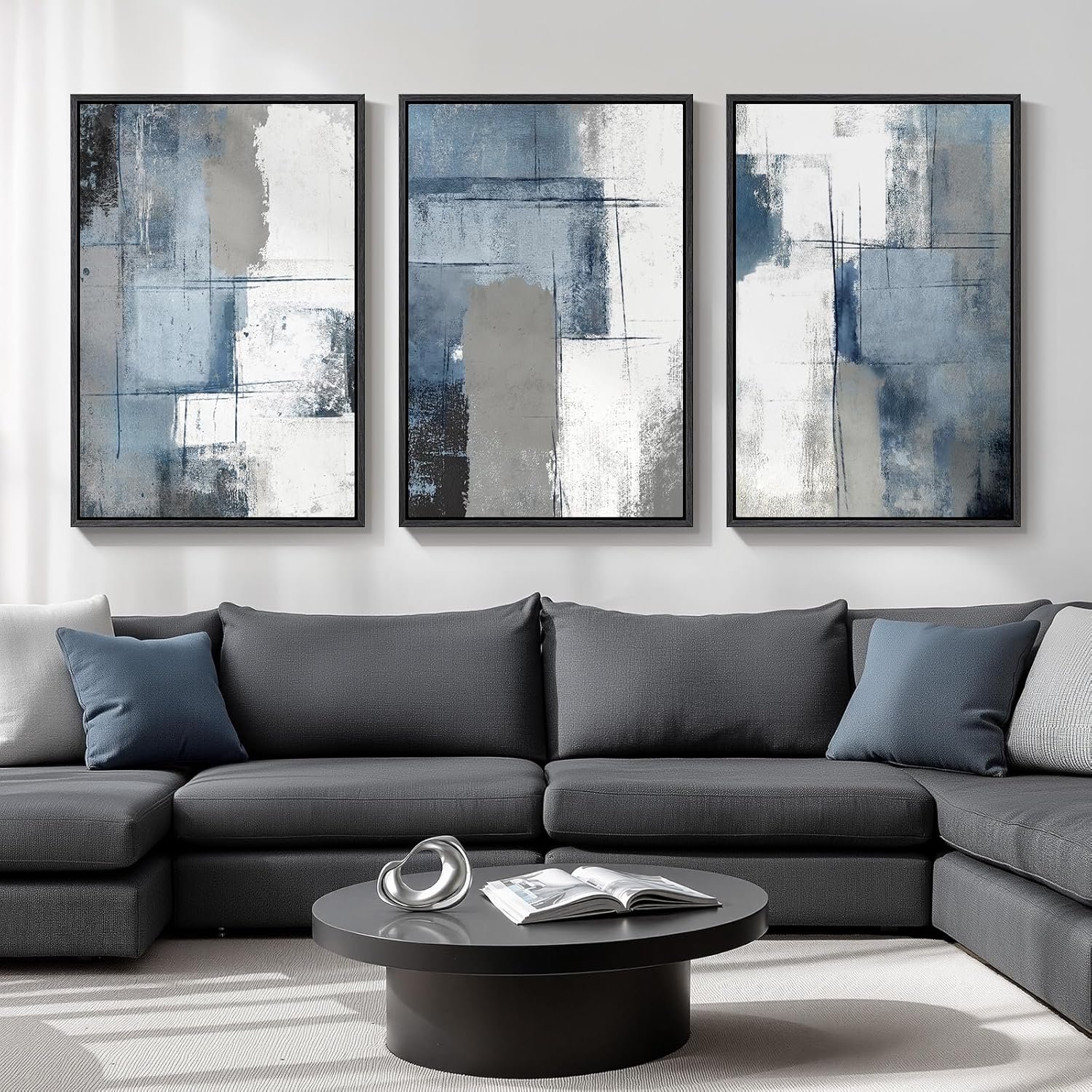 Large Framed Blue and Grey Abstract Wall Art for Living Room, 3 Piece Modern Canvas Prints Paintings Artwork for Walls, Minimalist Abstract Pictures Wall Decor for Hallway Office Bedroom 24×36 In
