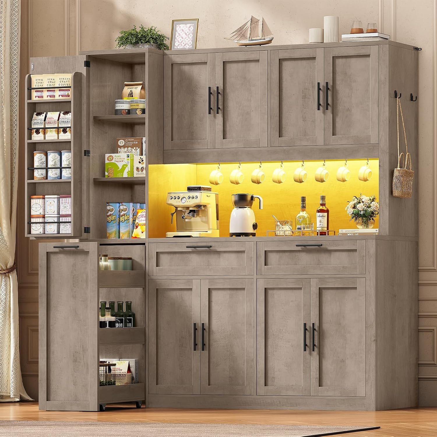 Itaar 71″ Kitchen Pantry Cabinet with Charging Station and Led Light, Kitchen Storage Cabinets with Microwave Stand, 59″ Wide Pantry Storage Cabinet with Storage Cart 3 Tier for Dining Room, Grey