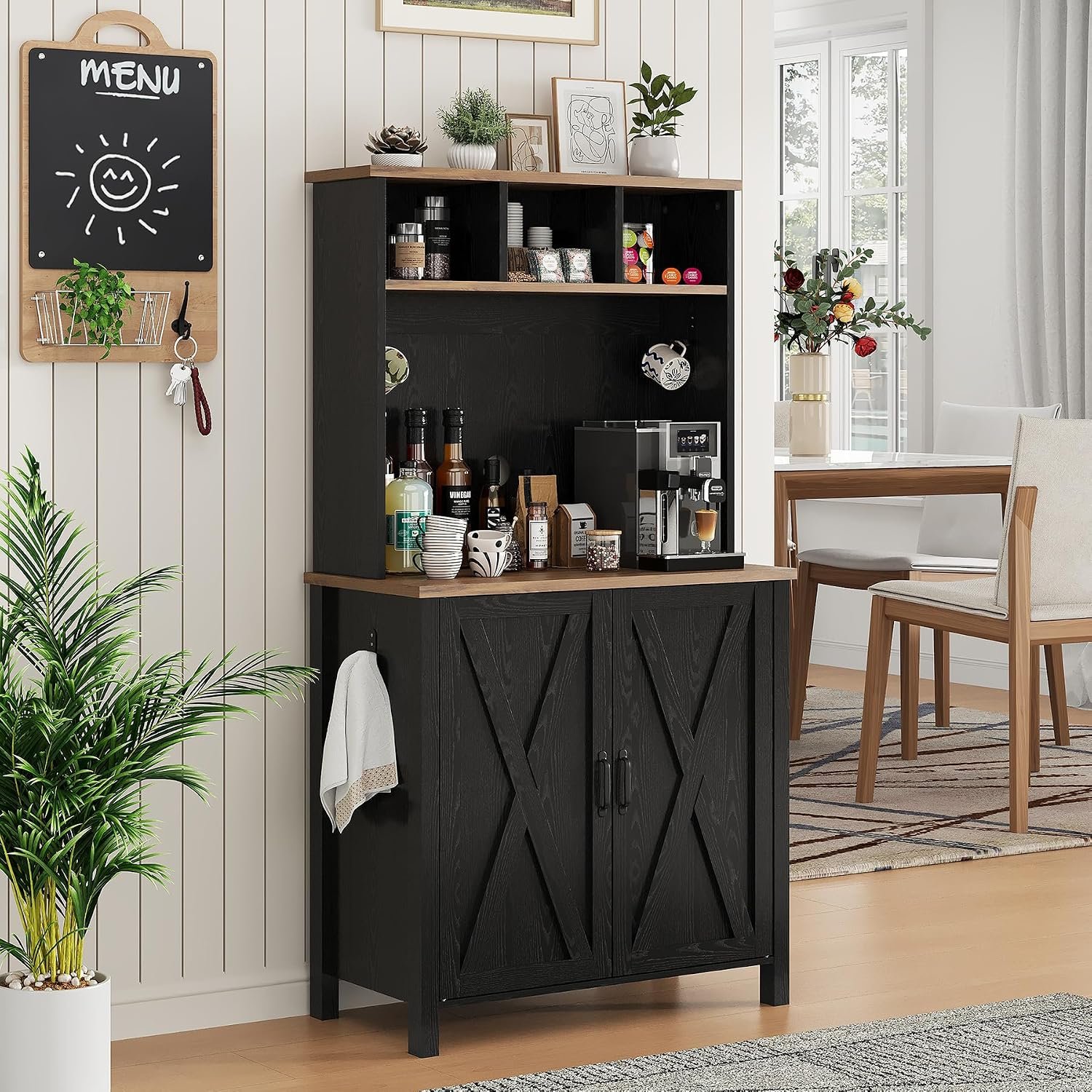 BestHaped Farmhouse Coffee Bar Cabinet with Storage, Coffee Bar Cabinet with Adjustable Shelf, Coffee Station Organizer with Hutch, Mug Hooks, for Kitchen, Dining Room, Small Spaces, Black
