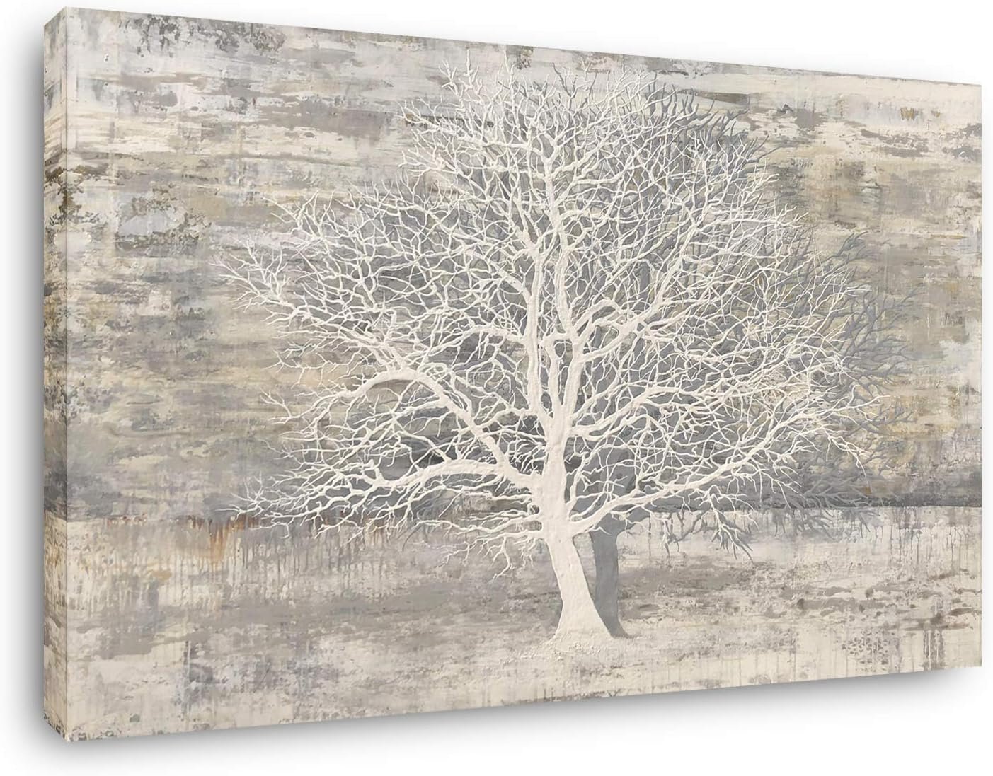 Yihui Arts Tree Of Life Canvas Wall Art Hand Painted Grey White Beige Paintings Modern Abstract Forest Pictures Artwork for Living Room Bedroom Office Decoration