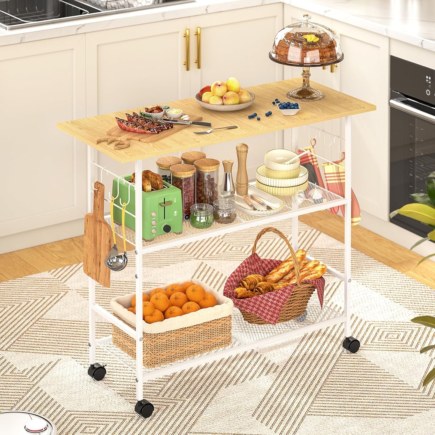 Kitchen Island with 3 Shelves, Rolling Kitchen Cart with 6 Hooks and Protective Shelf, Microwave Stand on Lockable Wheels, Bakers Rack Coffee Bar for Dining, Living Room, Outdoor, Metal Frame, White
