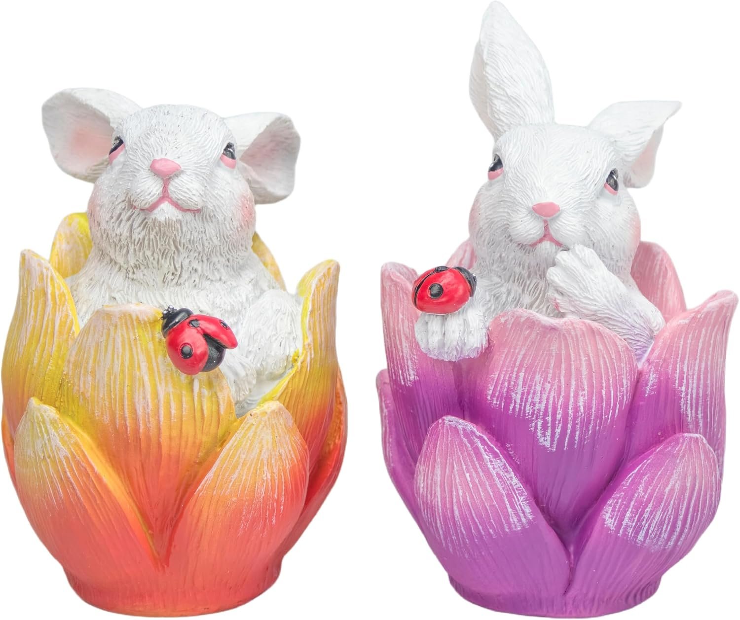 Hodao Easter Bunny Tulip Decorations, Set of 2 Mini Resin Rabbit Figurines in Flower Cups with Ladybug, Spring Tabletop Decor for Home Bedroom, for Easter Basket, Ornaments