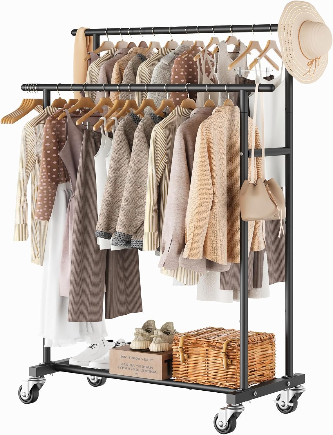 Calmootey Double Rod Clothing Garment Rack,Rolling Hanging Clothes Rack,Portable Clothes Organizer for Bedroom,Living Room,Clothing Store,Black