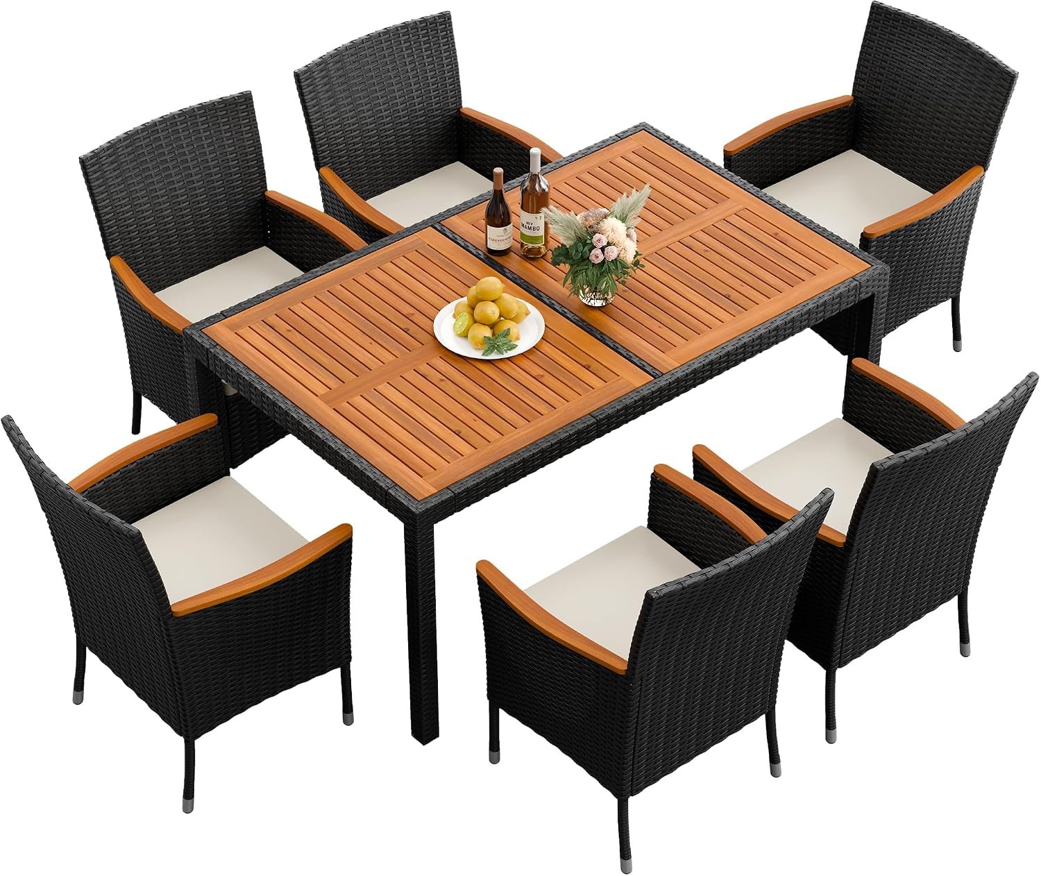 Flamaker 7 Piece Patio Dining Set Outdoor Acacia Wood Table and Chairs with Soft Cushions Wicker Patio Furniture for Deck, Backyard, Garden