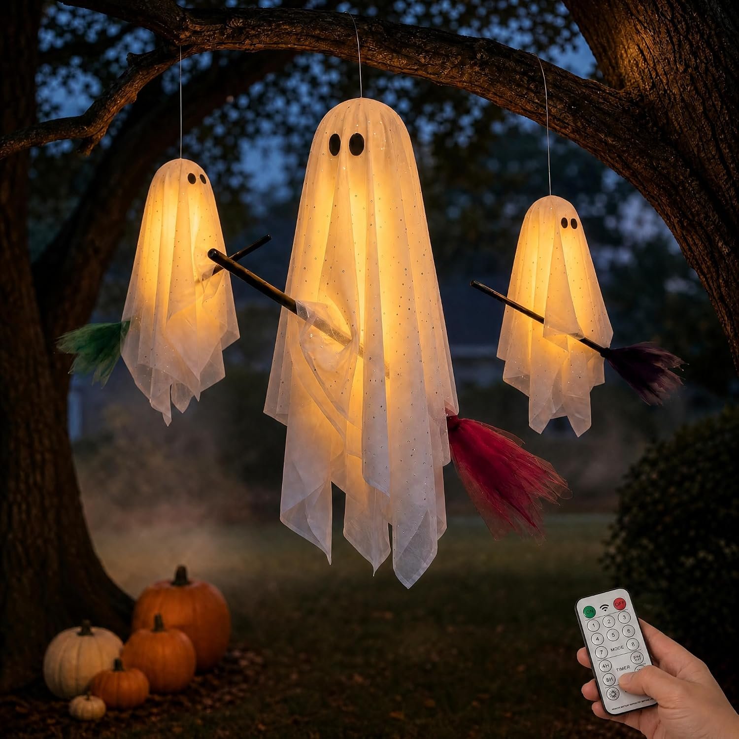 Halloween Decorations Outdoor, 3 Pack Hanging Ghosts on Brooms with Built-in Warm Lights, Flying Ghost Family Decor, Floating Gauze Ghost for Tree, Porch, Yard, Patio, Indoor Halloween Decorations