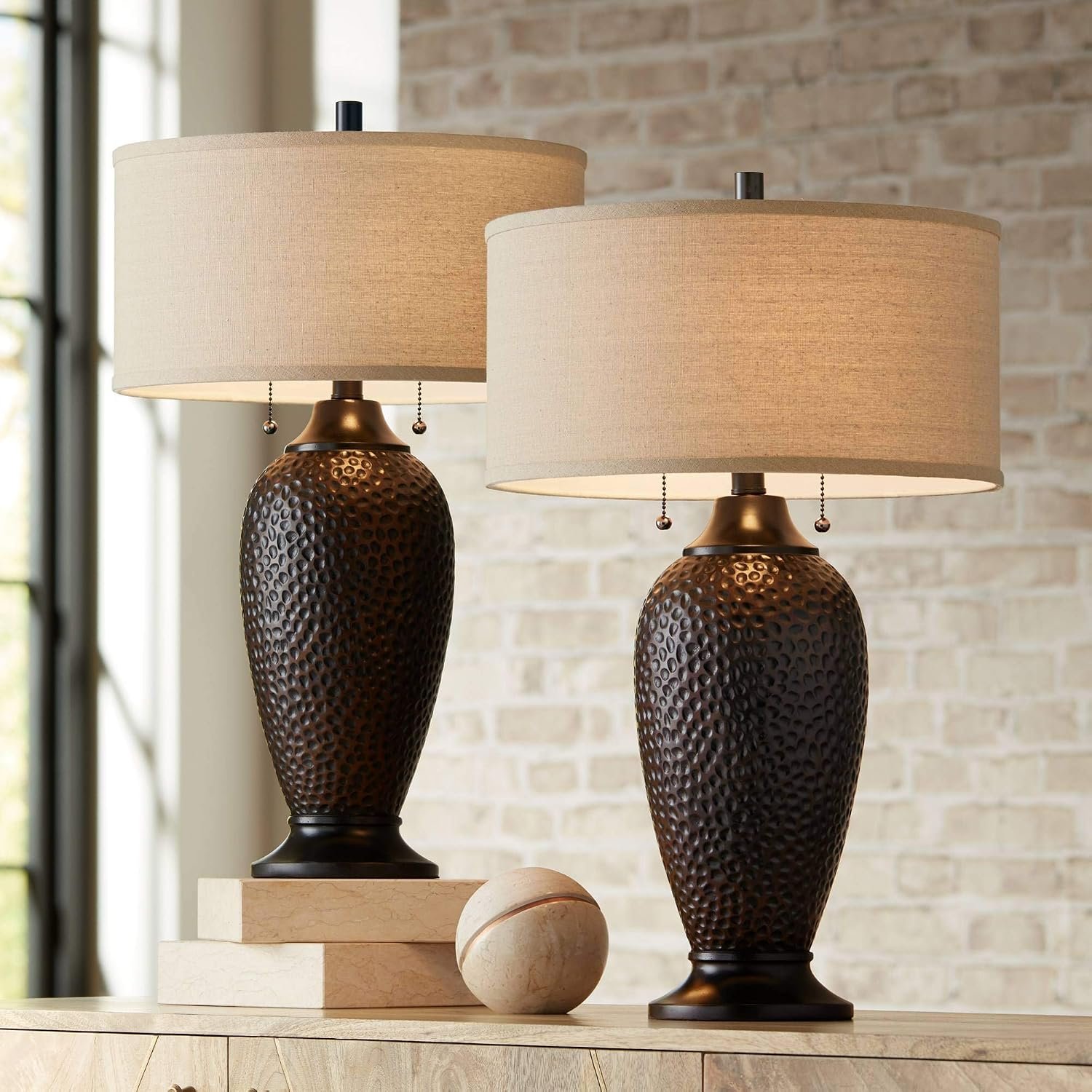 360 Lighting Cody Modern Industrial Rustic Table Lamps 26″ High Set of 2 Hammered Oiled Bronze Brown Oatmeal Linen Drum Shade for Living Room Bedroom House Bedside Nightstand Home Office