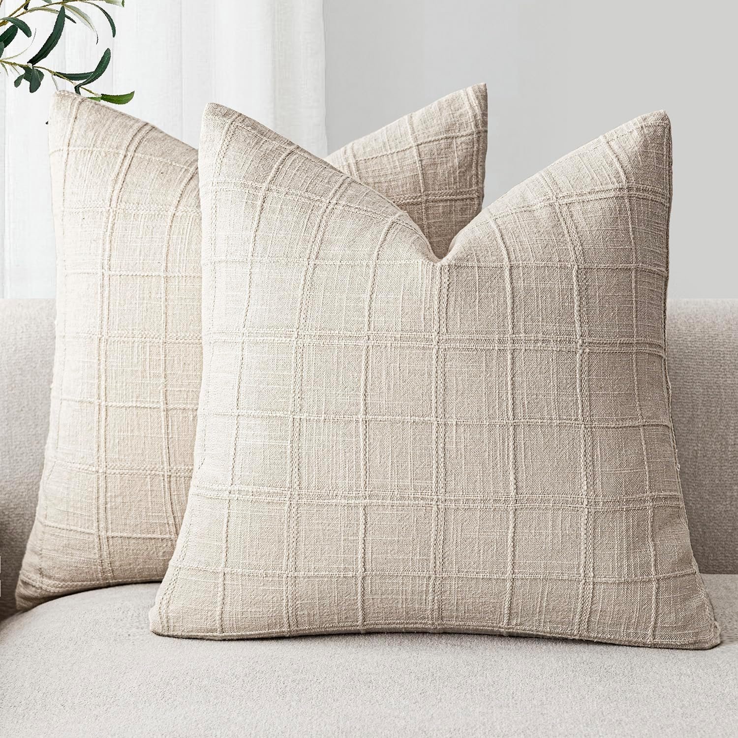 Foindtower Set of 2 Decorative Linen Check Throw Pillow Covers Neutral Farmhouse Vintage Cushion Covers Modern Boho Home Decor for Sofa Chair Couch Bedroom Living Room,20×20 Inch,Natural Beige