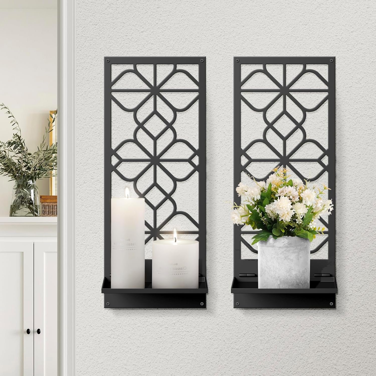Black Metal Wall Candle Holder Set of 2, Boho Vintage Farmhouse Bathroom Wall Art, 3D Rustic Aesthetic Line Decor for Entryway, Hallway, Bedroom, Office, Living Room – Meaningful Gift (16.5 x 7 in)