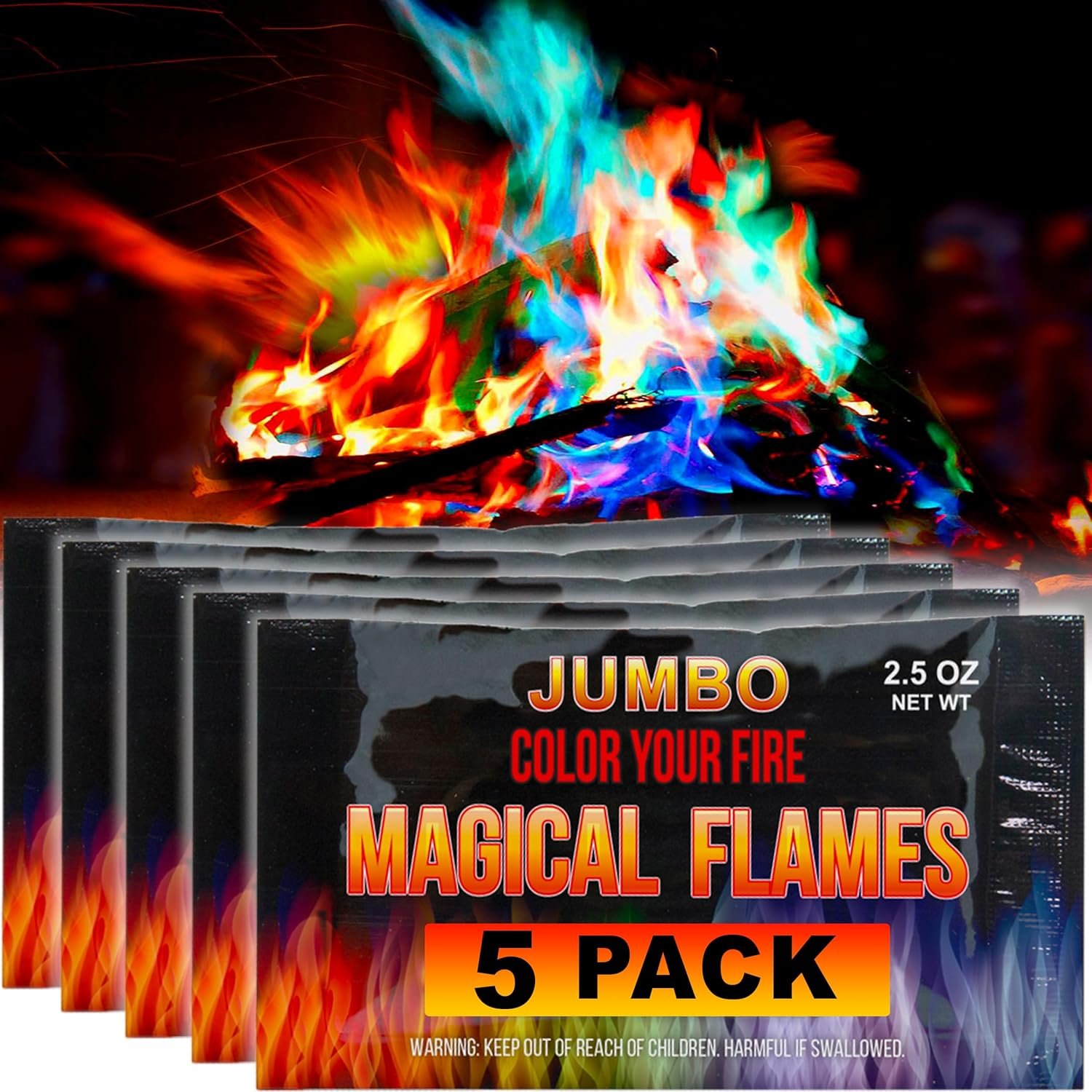 Magical Flames Fire Color Packets (Jumbo 5 Pack), Vibrant Multi-Color Fire for Fire Pits, Campfires, Bonfires & Fireplaces – Camping Essentials & Outdoor Party Accessories