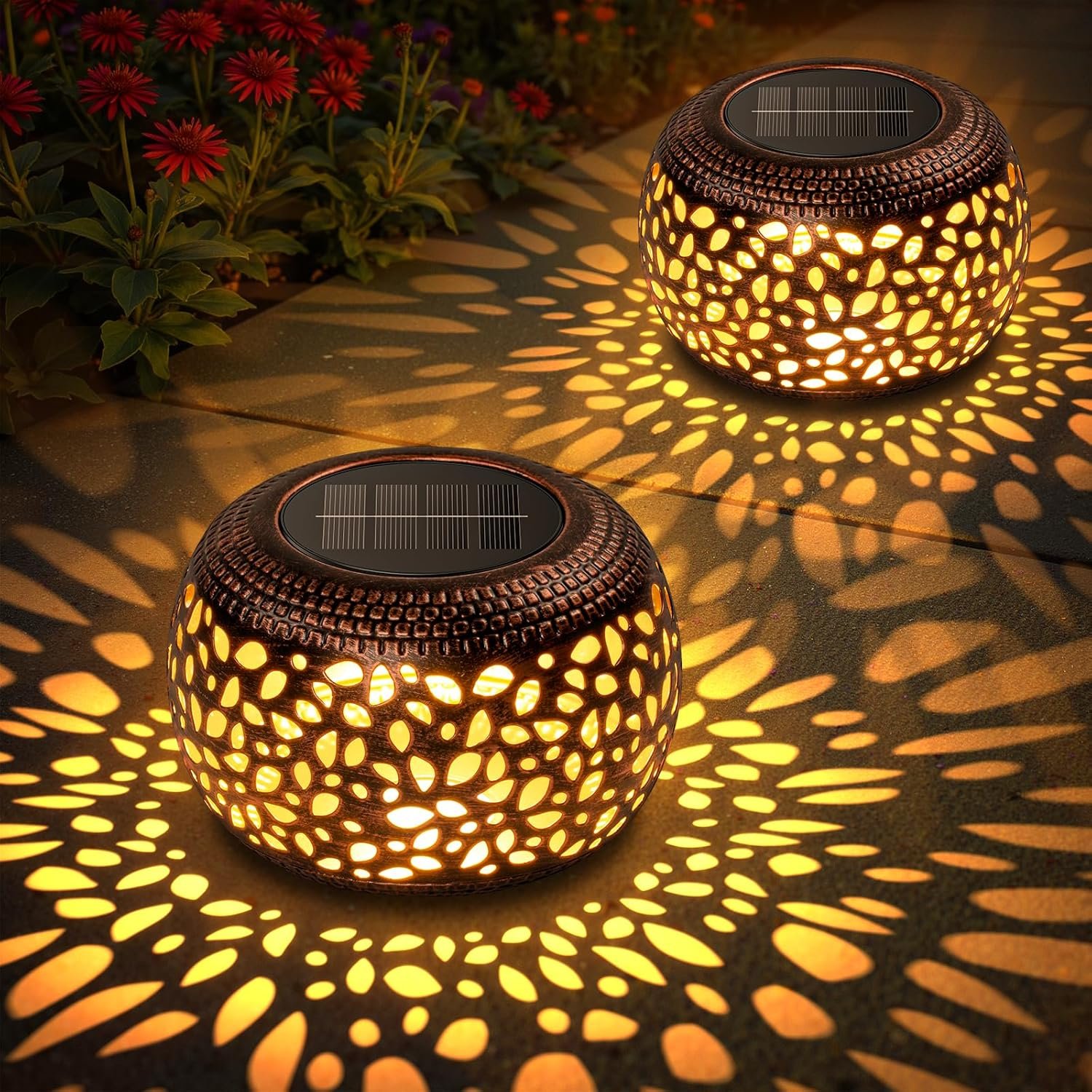Solar Lanterns Outdoor Waterproof: 2 Pack Hollowed-Out Retro Metal Lantern Lights – Solar Lantern Decorative – Gifts for Women Mother’s Day, Outside Garden Yard Patio & Indoor Tabletop Decor