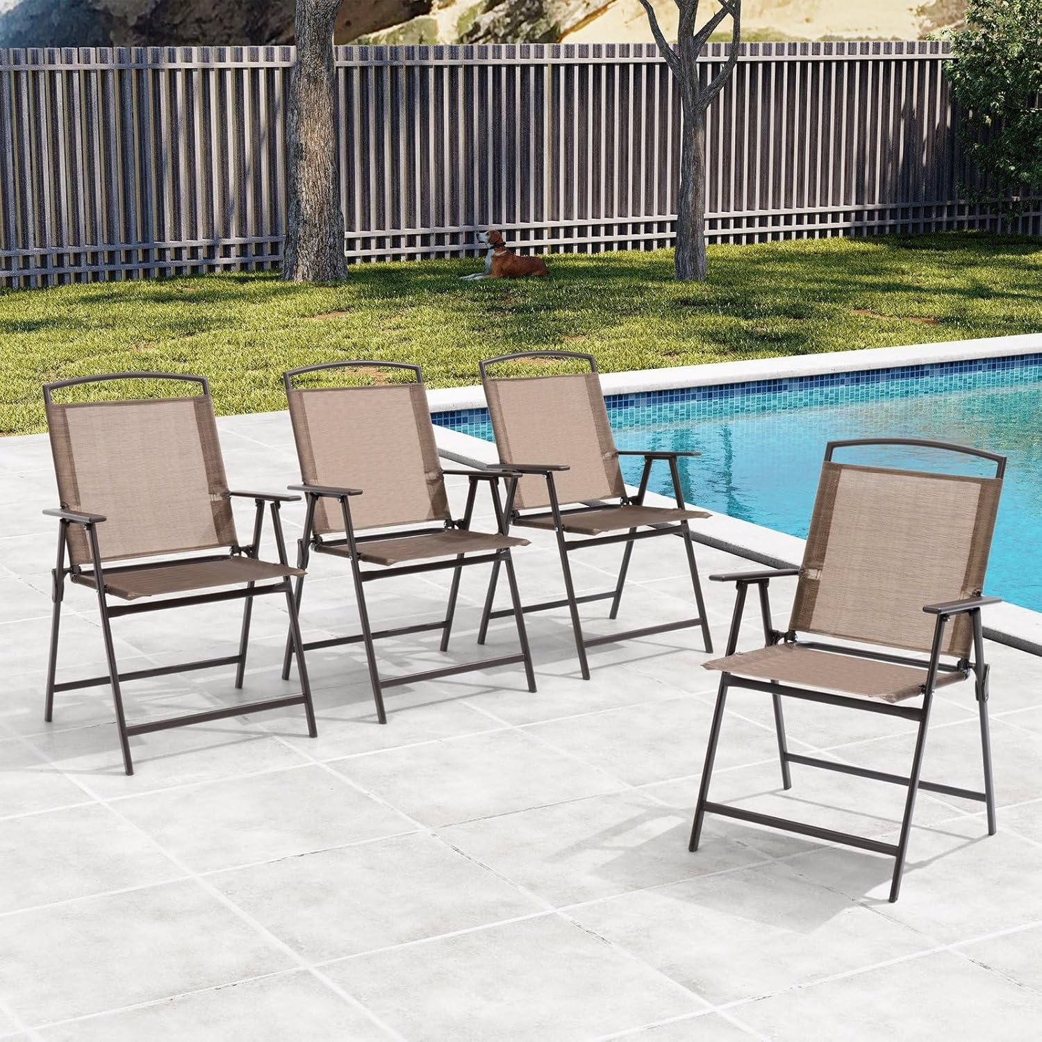 Crestlive Products Set of 4 Patio Folding Chairs 4-Pack Dining Chairs Outdoor Portable Sling with Armrest for Camping, Beach, Garden, Pool, Backyard, Deck (Brown)