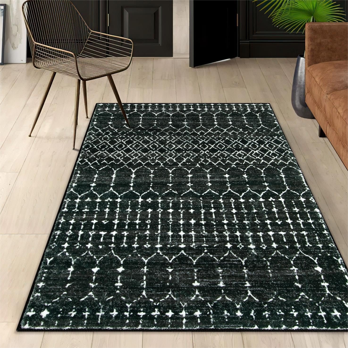 Lahome Moroccan Black Area Rug for Living Room 3×5 Non-Slip Washable Stain Resistant Large Kitchen Rugs Throw Low-Profile Soft Bedroom Carpet Geometric Print Rug for Entryway Dining Room Hana