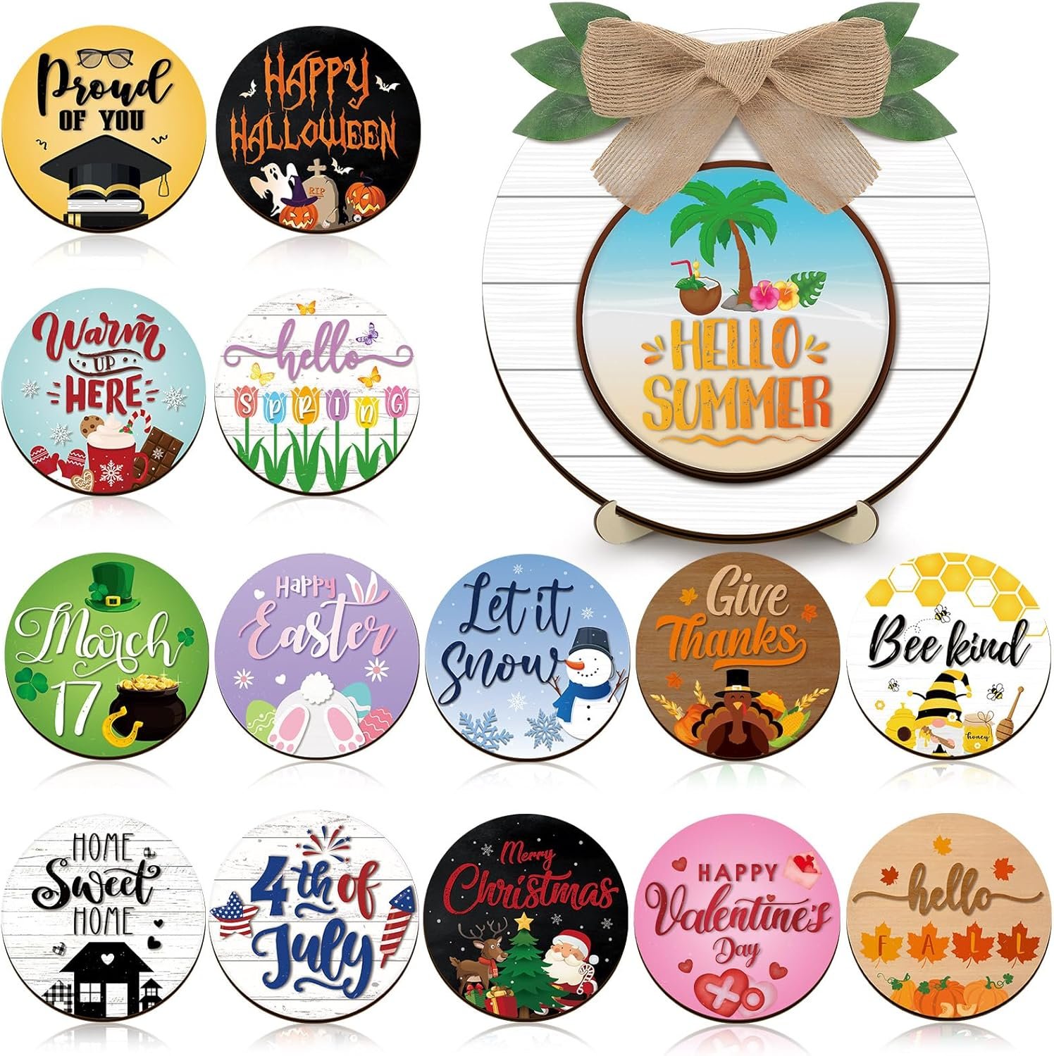 Geetery 17 Pieces Summer Interchangeable Season Sign DIY Holiday Icons Decor with Wooden Easel Round Home Decorative with 15 Seasonal Icons Holiday Sign Set for Tabletop Porch Decoration