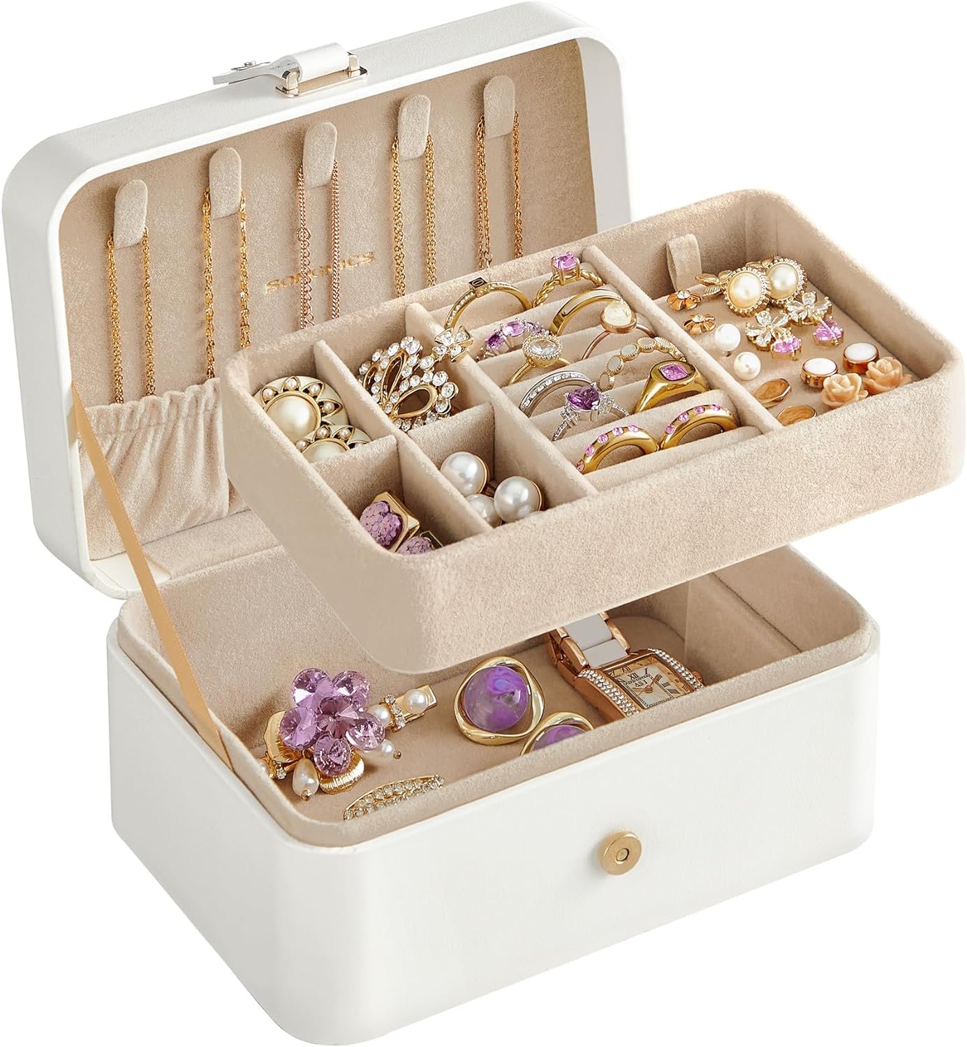 SONGMICS GISELLA Collection – Travel Jewelry Organizer, 2-Layer Jewelry Case Holder with Shiny Metal Hardware, Portable, Premium Velvet, for Earrings Necklaces, Cloud White UJBC166W01