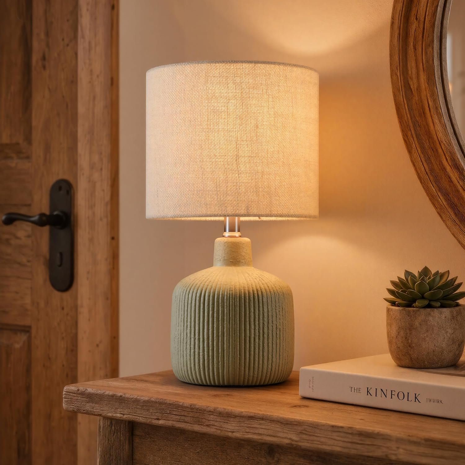 Ceramic Table Lamp, Oliver Green, 17.75″ | Beige Linen Shade, Warm Ambient Lighting, Bedside Nightstand, Natural