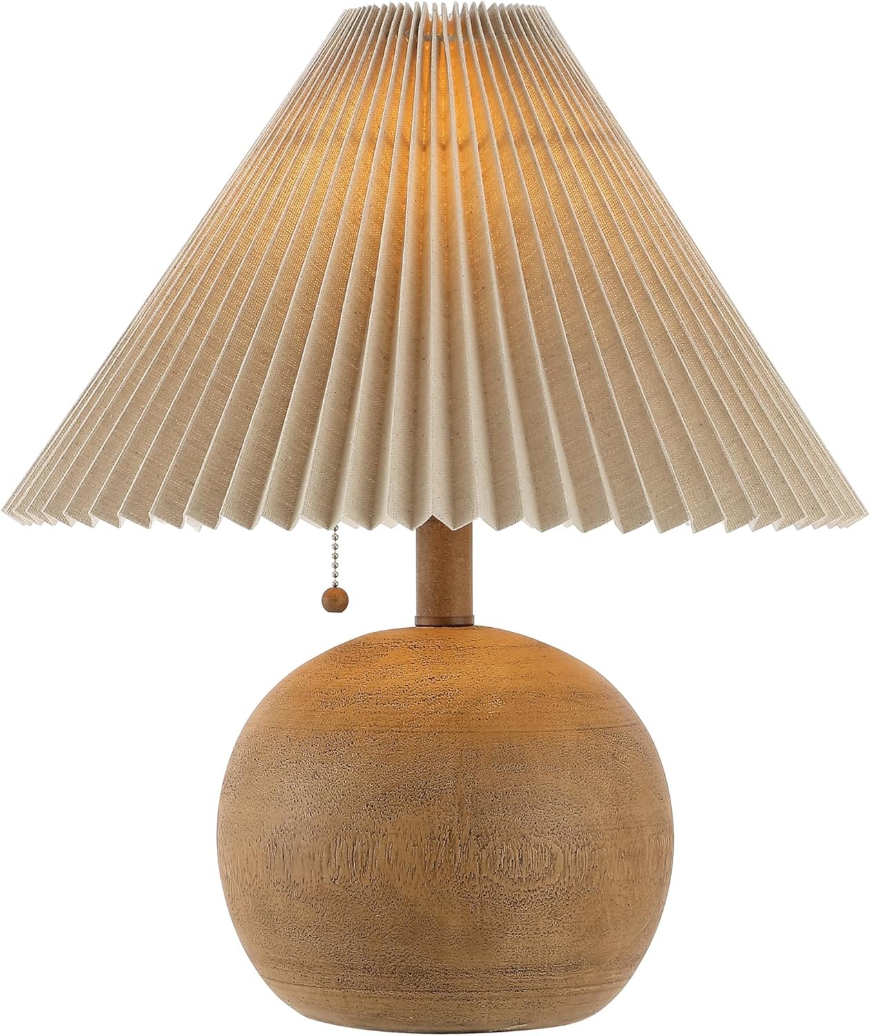 JONATHAN Y 17.25″ Brown Wood Finish Sphere Table Lamp, Mid-Century Bedside Nightstand with Beige Pleated Linen Shade, Scandinavian Coastal Style, LED Bulb Included JYL1145A