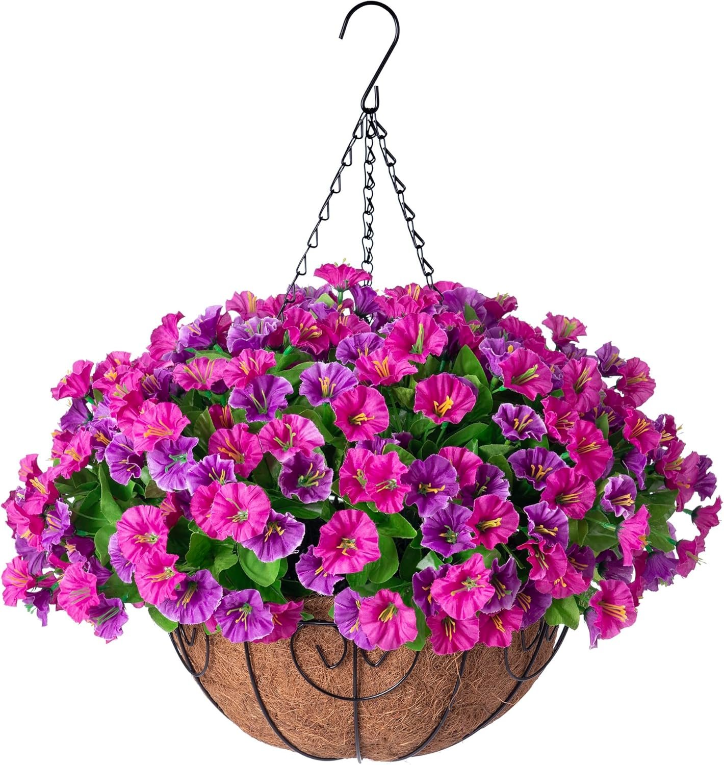 Ammyoo Artificial Hanging Flowers with Basket, Faux Silk Petunias Flower Arrangement, Coconut Lining with Morning Glories Fake Plants Patio Garden Porch Deck Spring Summer Decor(Lotus and Fuchsia)