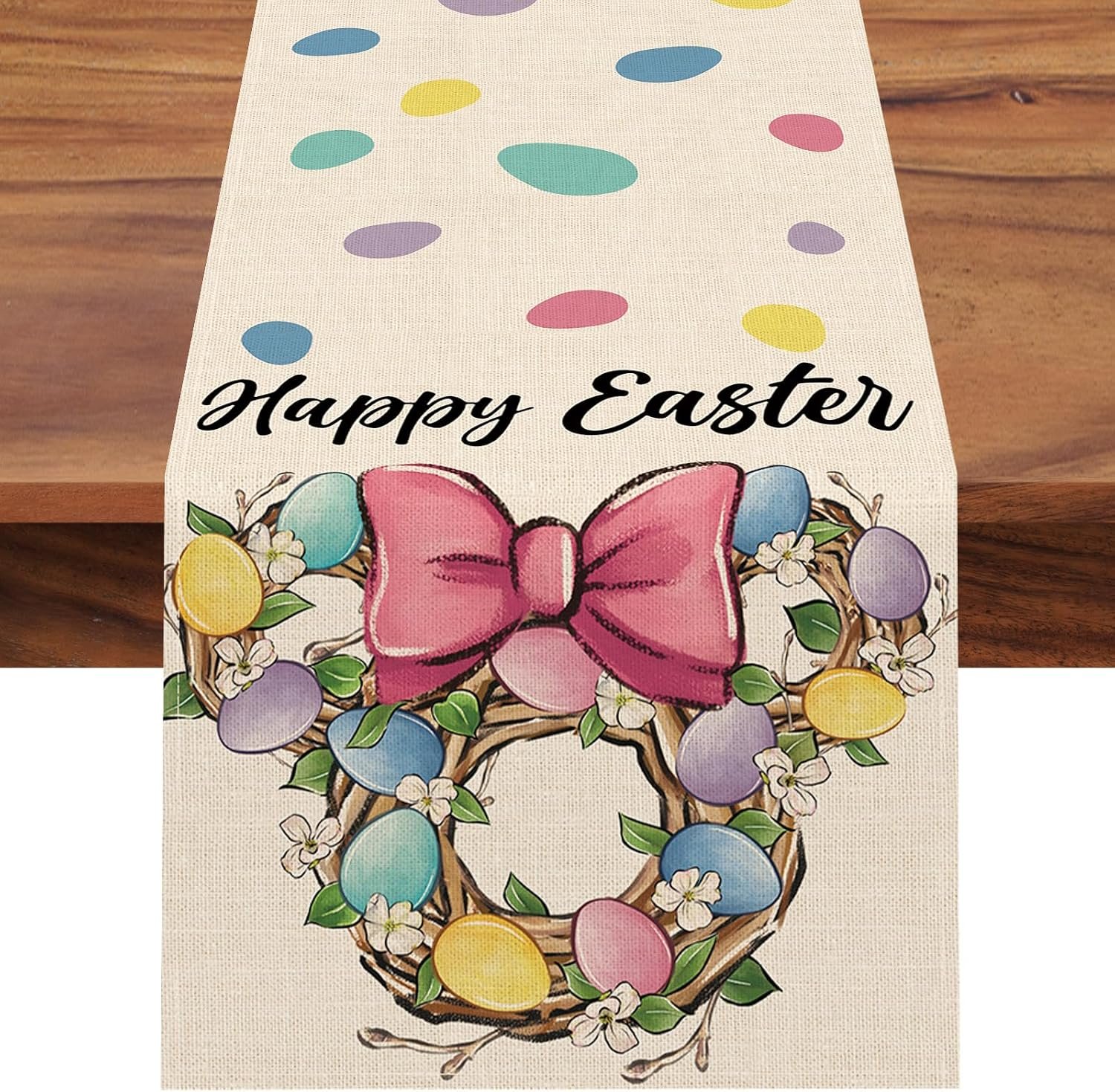 Seliem Happy Easter Wreath Table Runner, Colorful Easter Eggs Kitchen Dining Table Decor, Spring Burlap Home Decoration Indoor Outdoor Party Supply 13 x 72 Inches